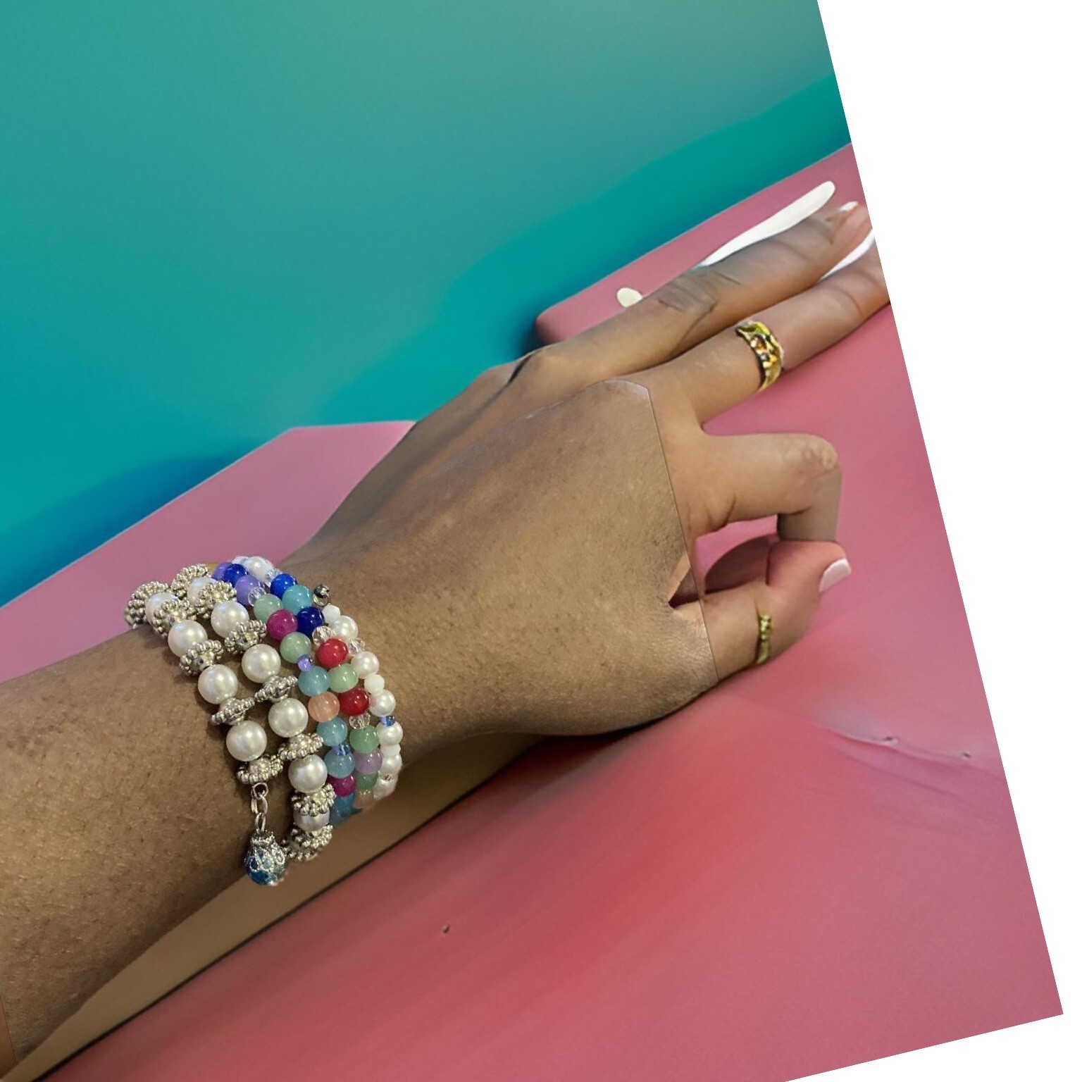 White pearl multicolor 8mm glass beads handmade Wrap Bracelet