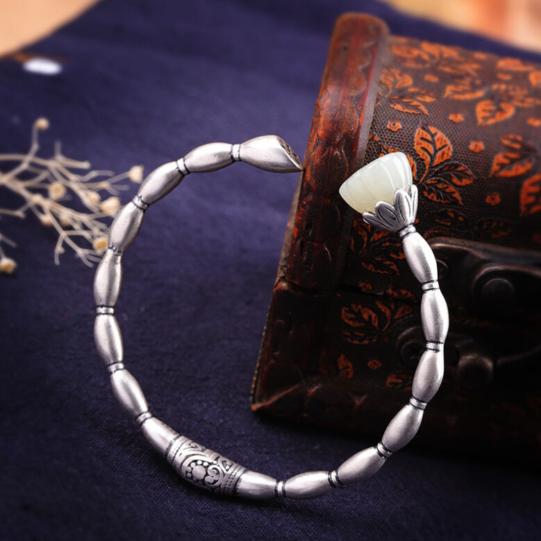 I03 Silver 925 Rice Grain Effect Lotus Flower White Jade Bangle Bracelet