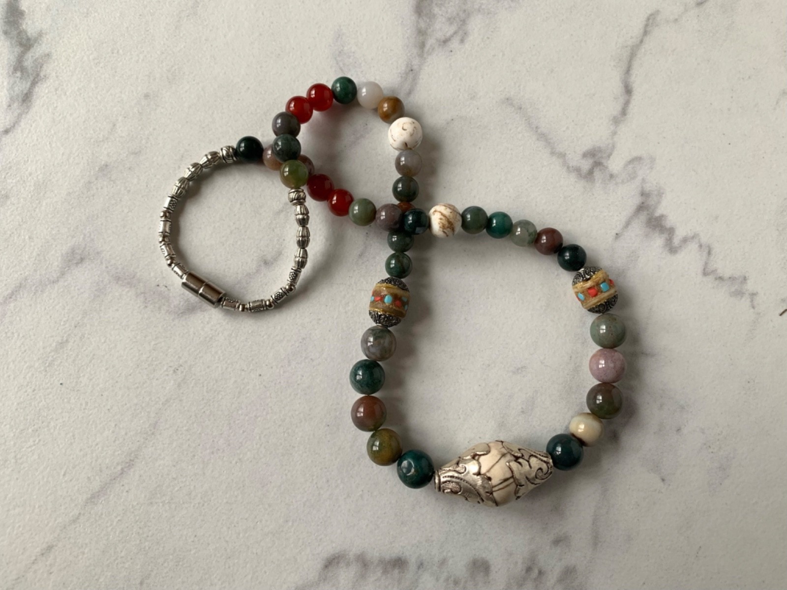 Moss Agate, Yak Bone, Conch Shell Focal Bead 21″ Necklace32