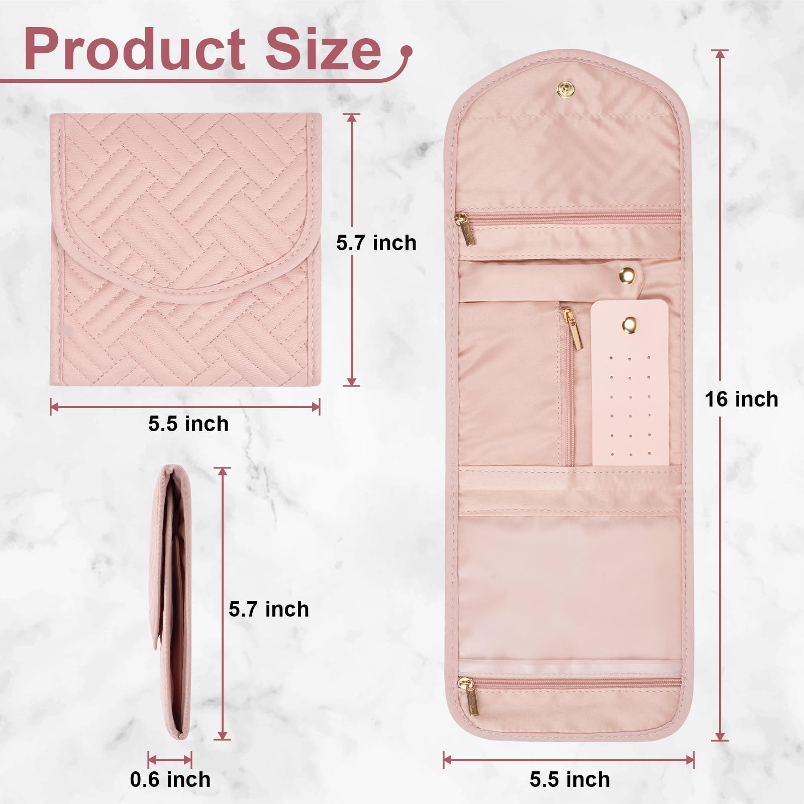 Amrules Travel Jewelry Roll Organizer Bag Foldable and Anti-Lost Small, Pink