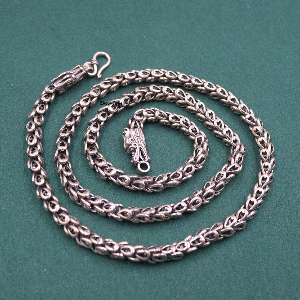 Solid S925 Sterling Silver Chain 6mm Dragon Feather Link Necklace 56-57g 24inch