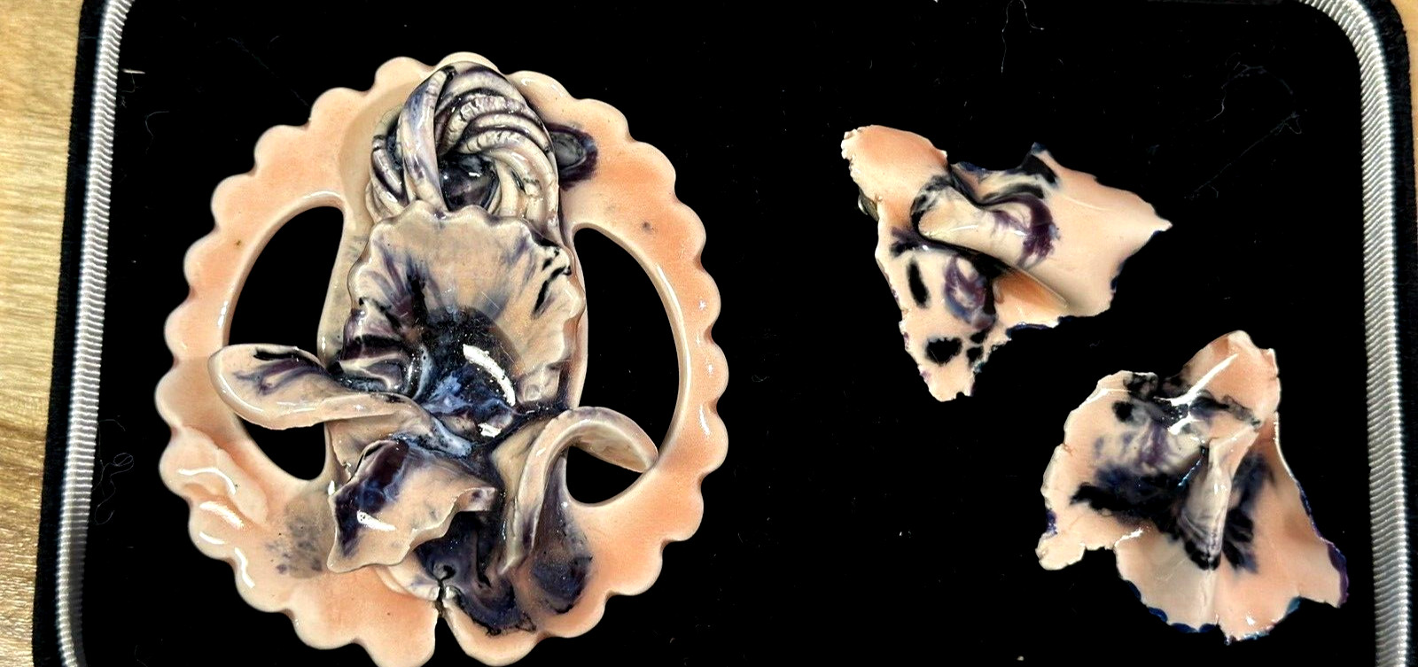 Vintage Pink Blue Porcelain Earring Brooch Pendant Pin Uknown Signed Jewelry Set