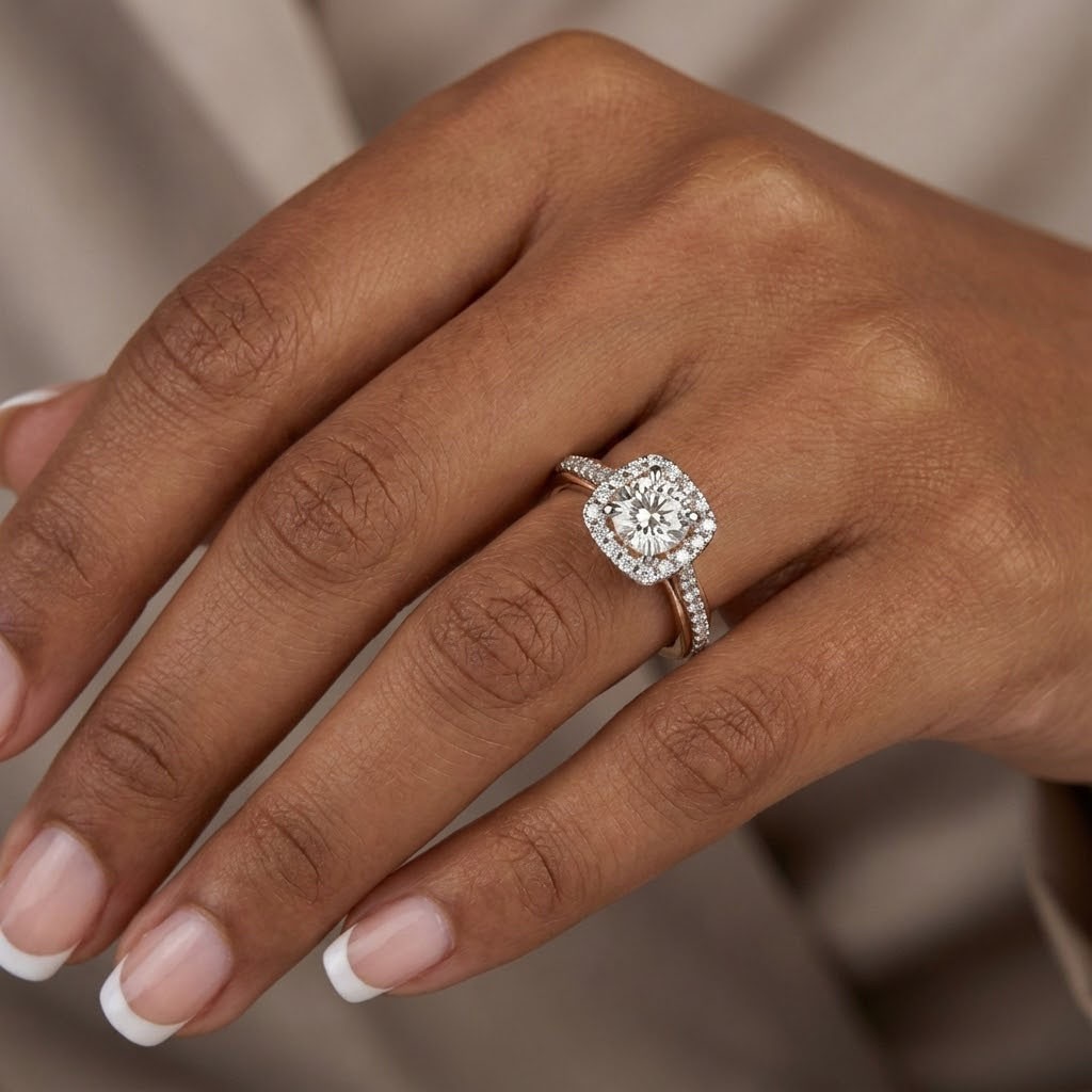 Side Stone Engagement Ring 14K Gold Halo 1.64 CT Round Lab-Grown Diamond F VS1