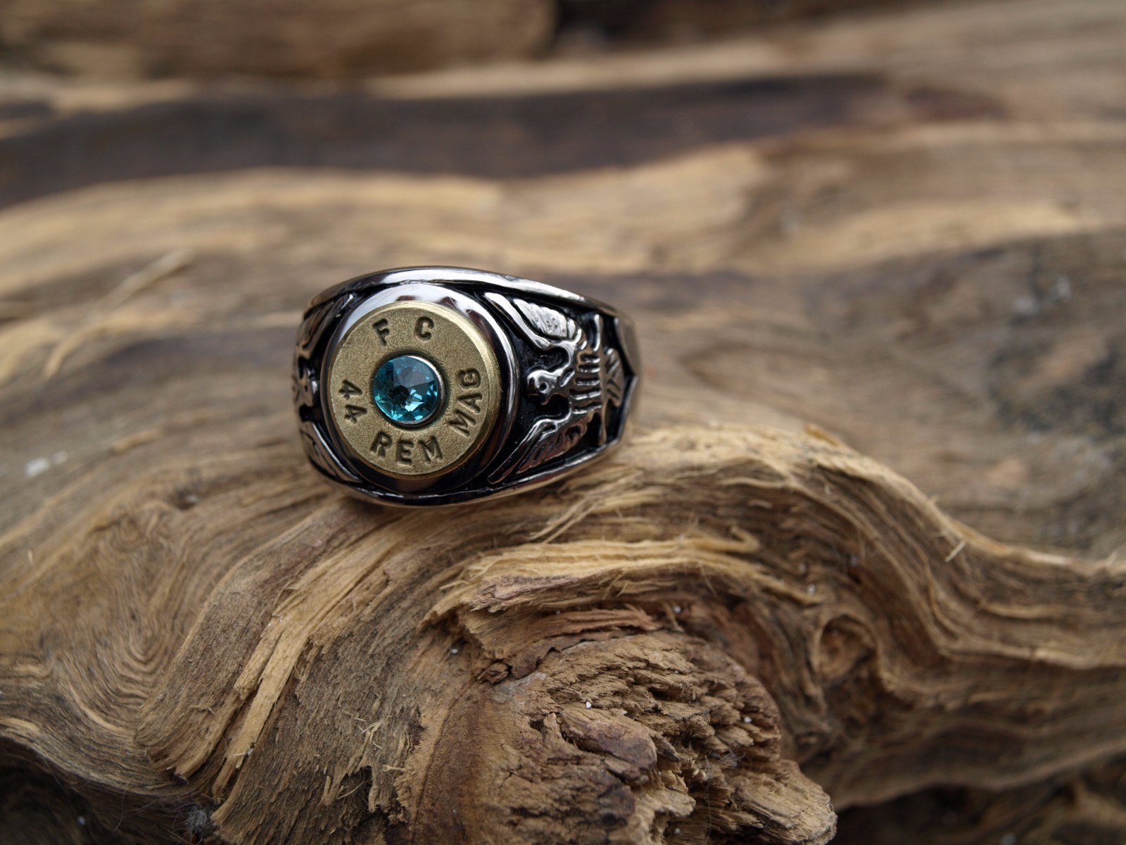 Stainless Steel Eagle Bullet Ring. 44 Mag Casing. Optional Glass Crystal