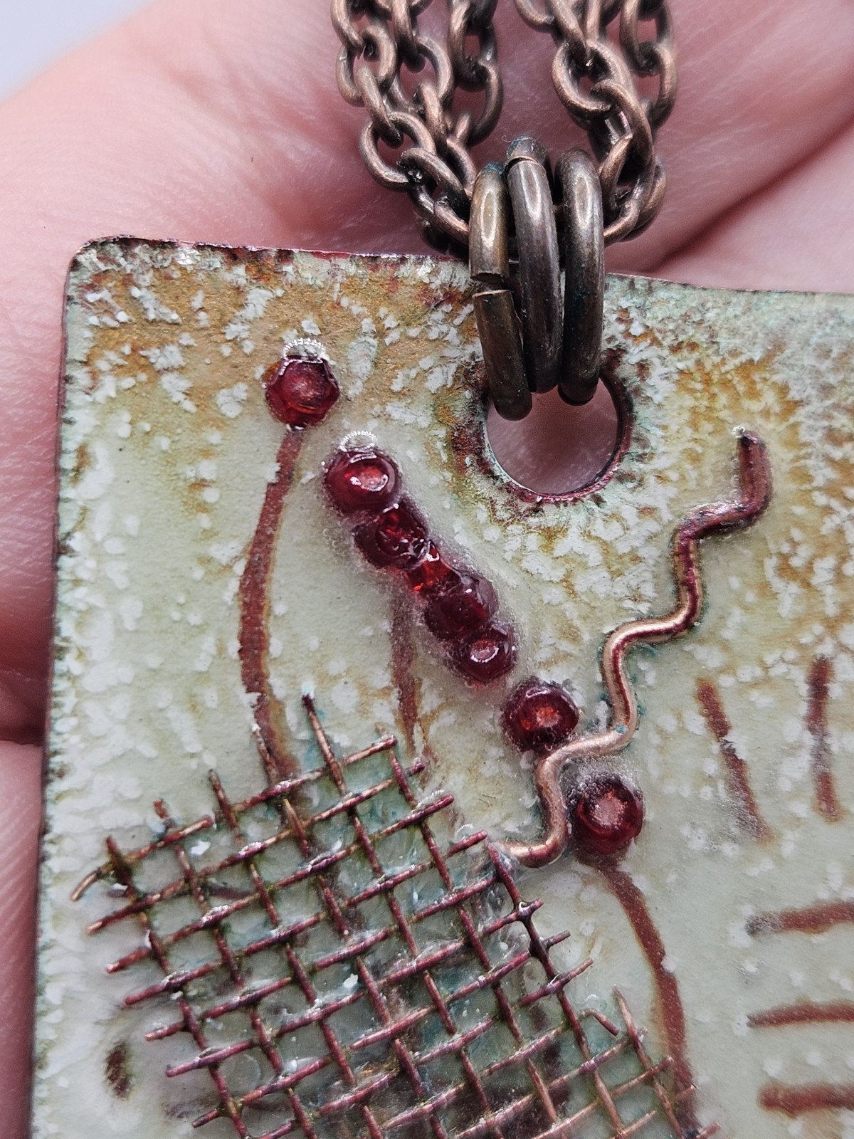 Artisan Modernist Enamel Metal Pendant Suede Leather Necklace 18″