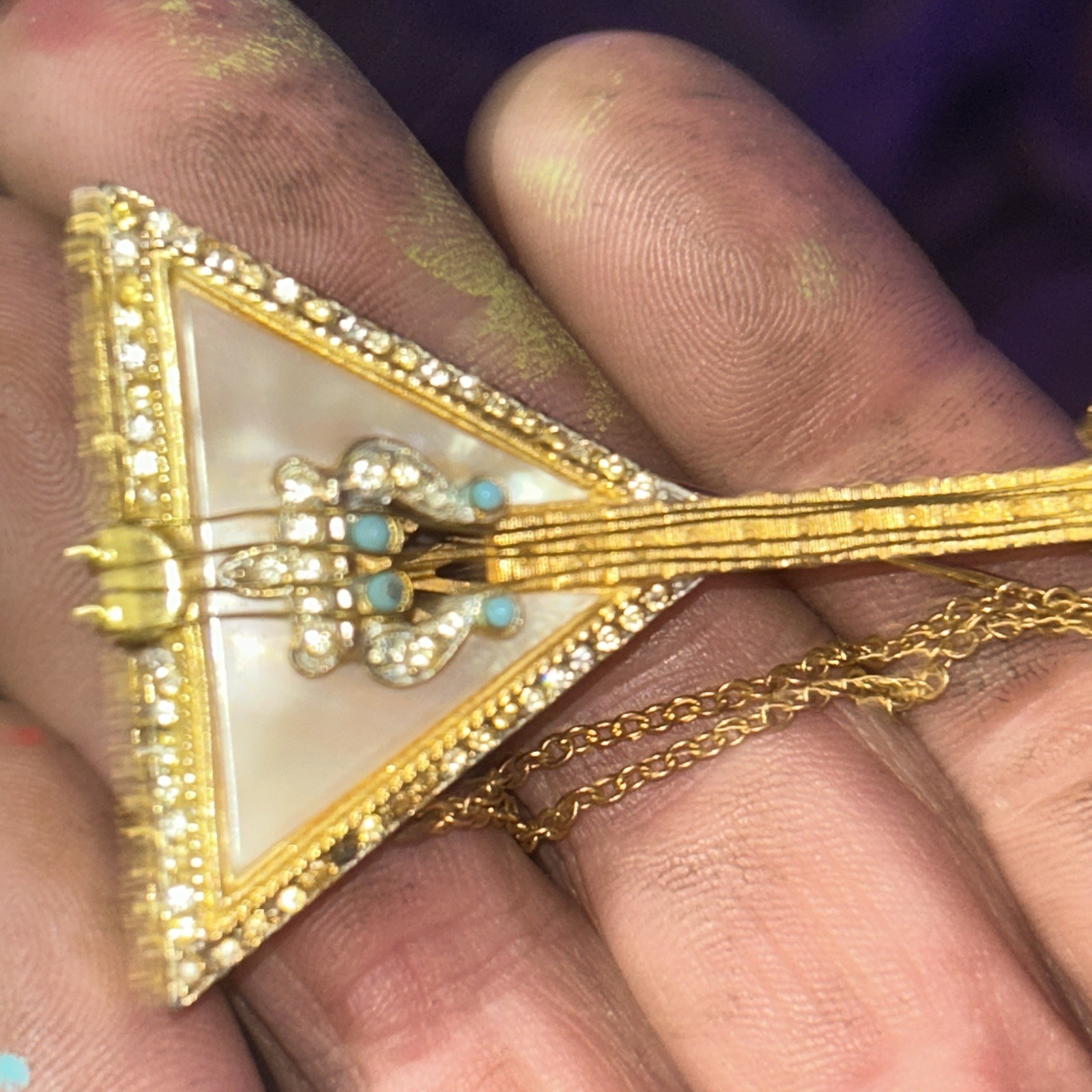 VTG R. MANDLE MOP Faux Turquoise Rhinestone Balalaika Guitar Pin Brooch Rare