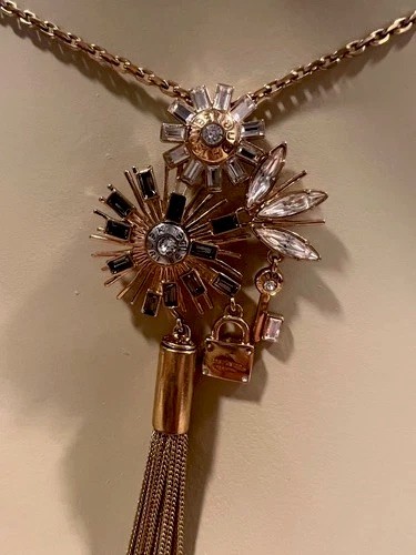 Henri Bendel 712 NY Crystal Padlock Key Statement Tassel Necklace Long 32″