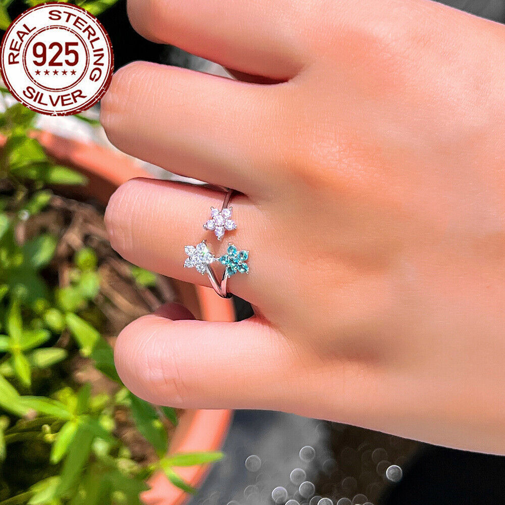 Flower Open Cuff Ring Adjustable Cubic Zircon Polished 925 Sterling Silver Gift