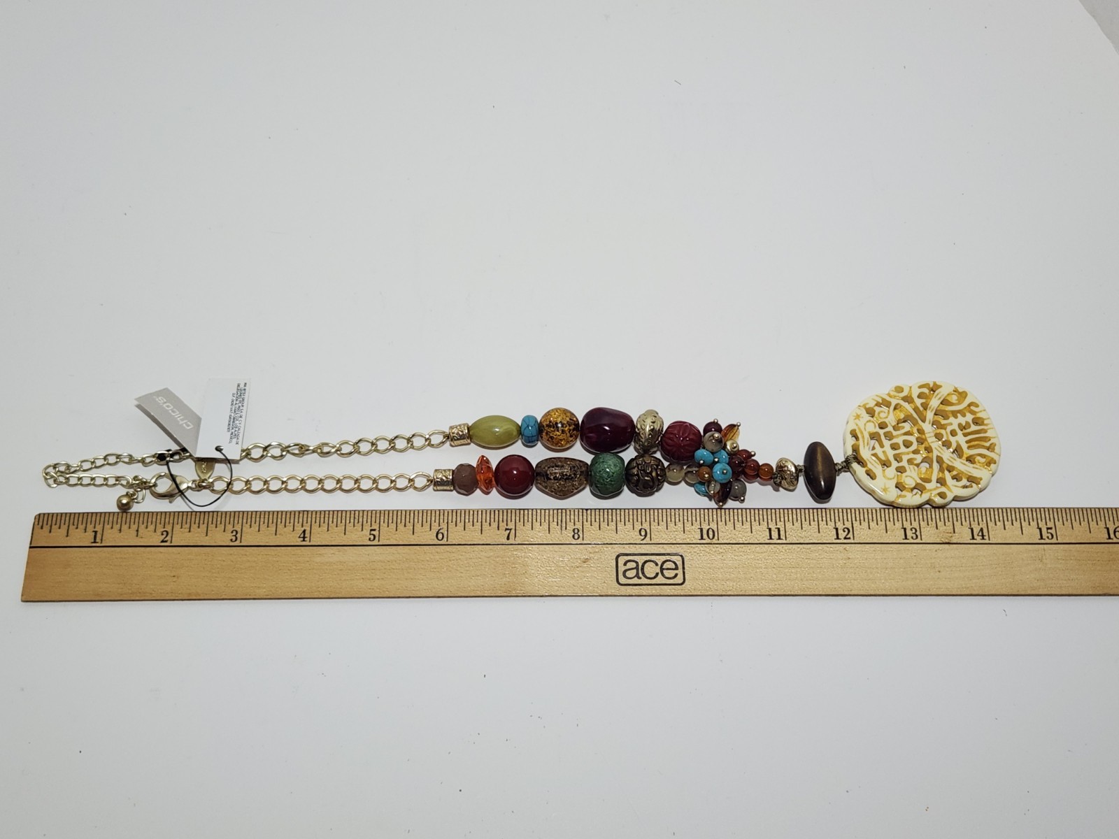 Chico’s Reversible Asian Inspired Mixed Media Beaded Necklace Faux Bone/Gold