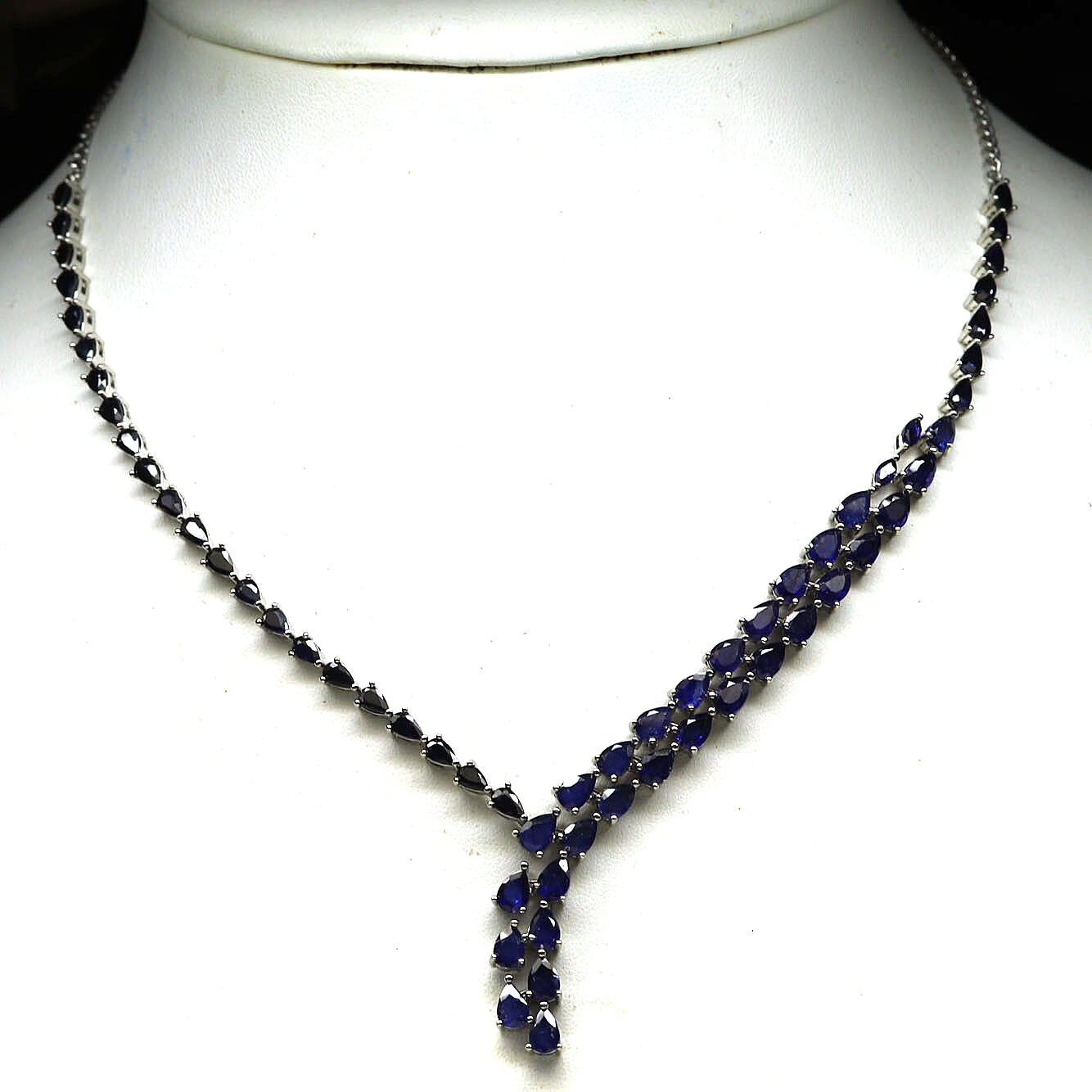 925 Sterling Silver 4 x 6 mm. Blue Sapphire Necklace 20.0″ White Gold Plated