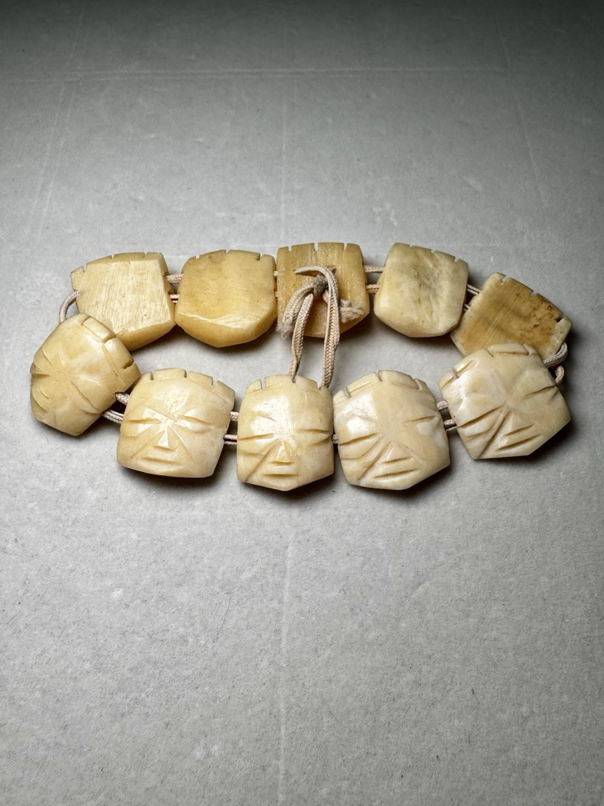 Vintage Hand Carved Bone Tribal Tiki Face Mask Stretch Bracelet 1970s Boho Folk