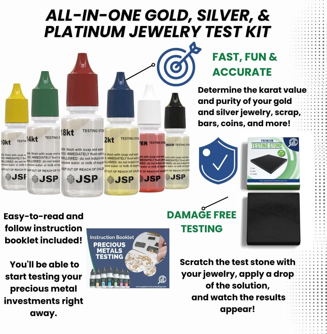 Jewelry Testing Kit 10K, 14K, 18K, 24K Gold, Silver, Platinum Test Solutions wit