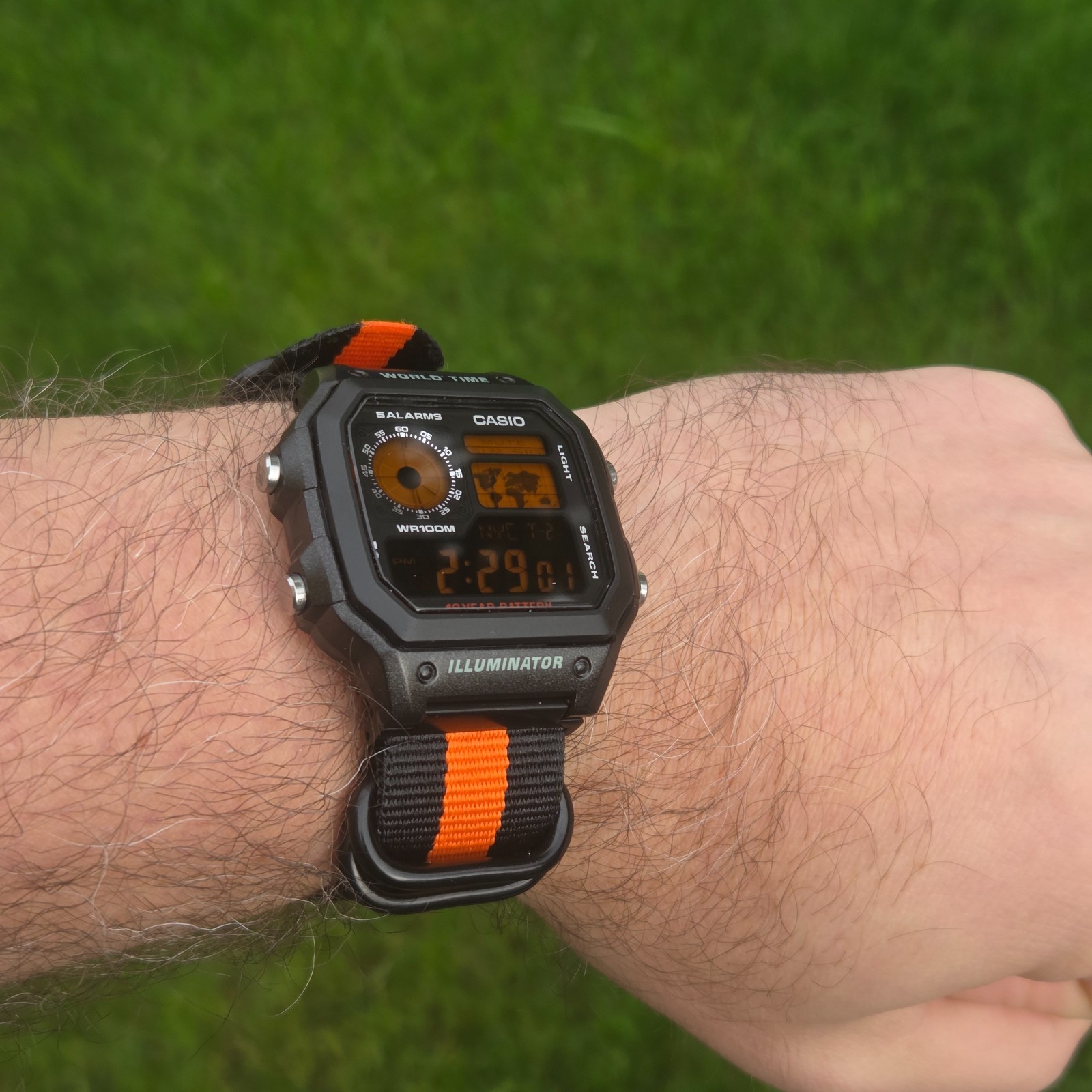 CASIO AE-1200WHD. Royale World Time Watch Mod. Orange Digits Negative. Hydromod.
