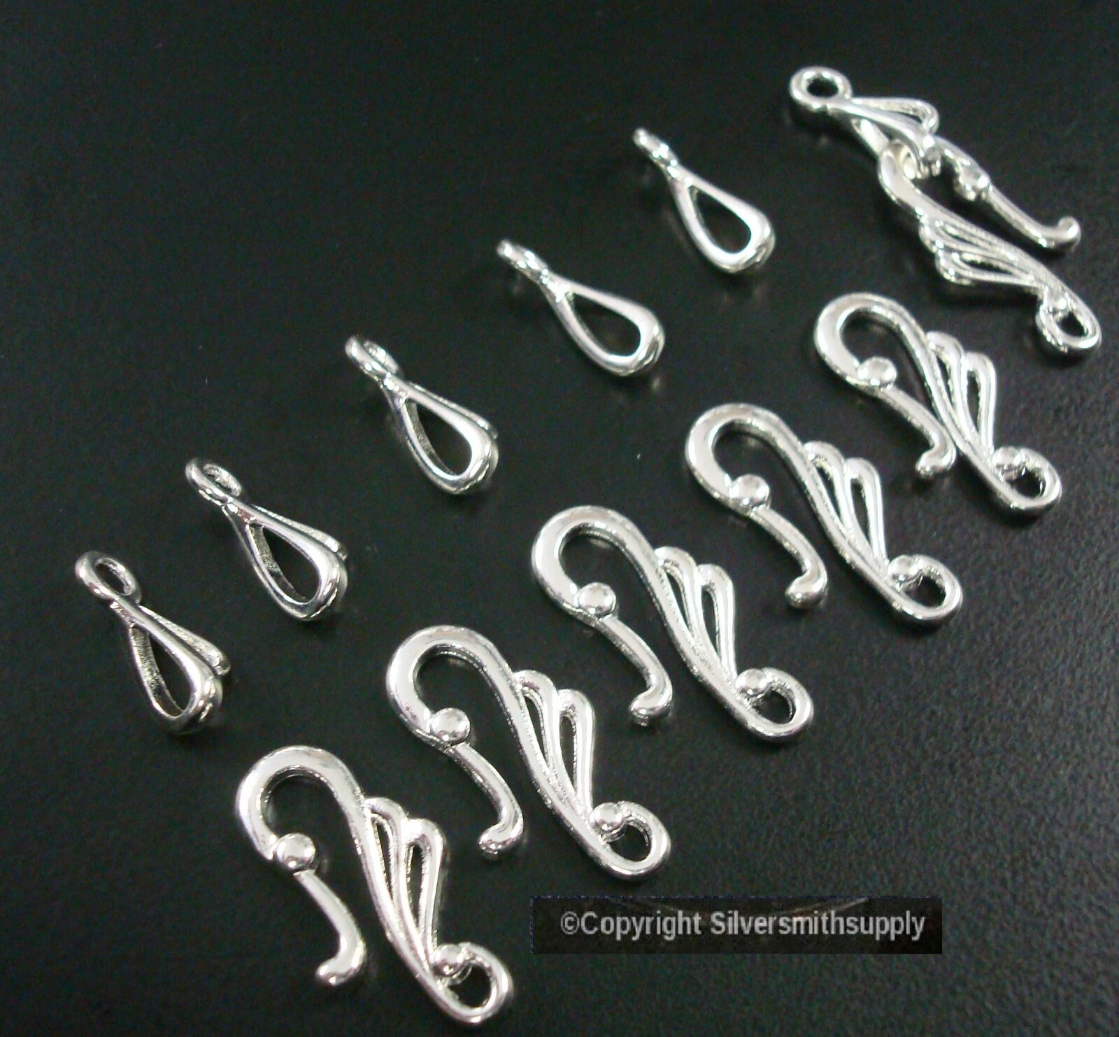 6 Hook & eye clasp sets necklace bracelets anklets BRITE silver plated FPC241