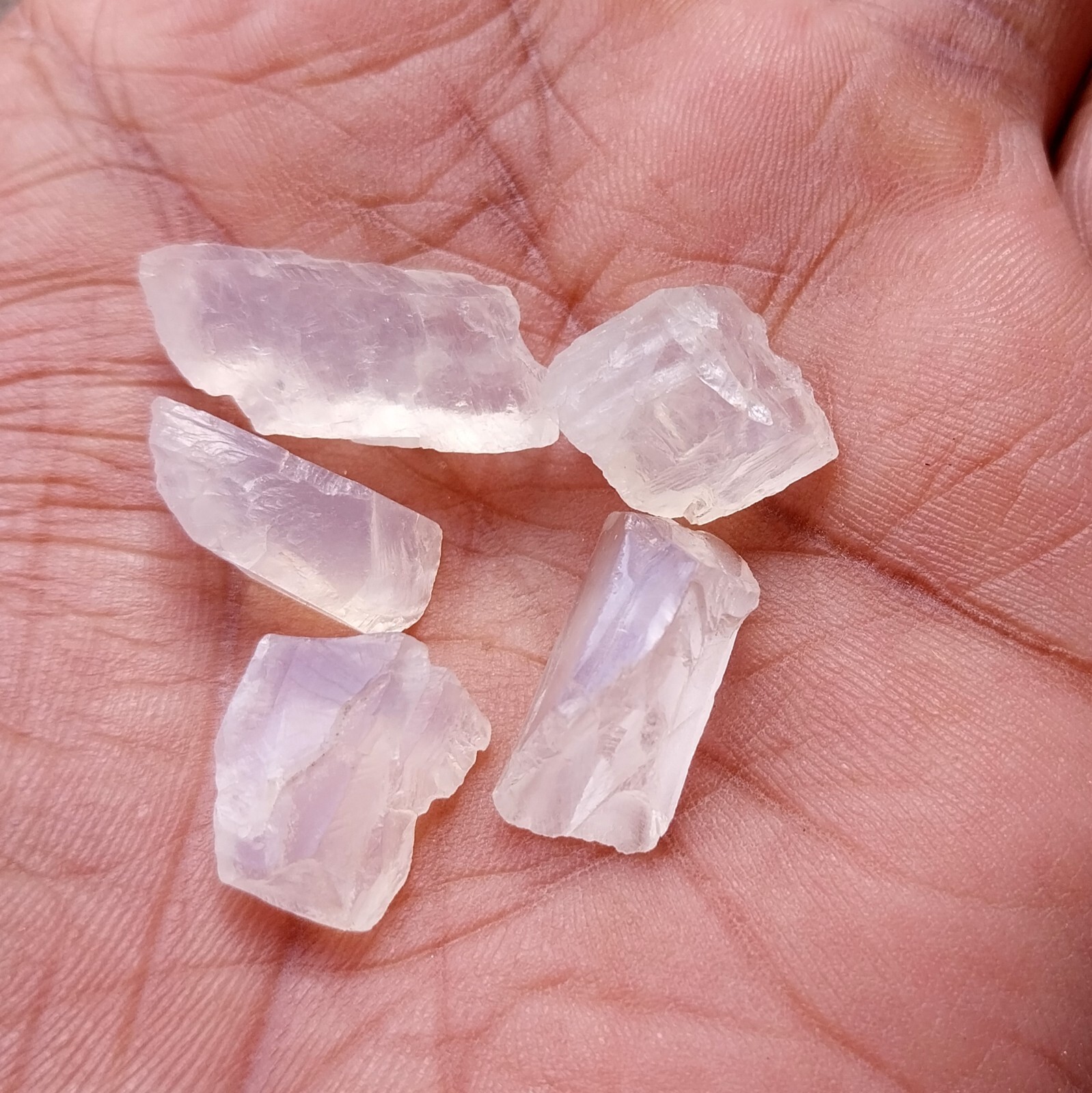 38 Carat 11 to 21 MM Natural White Rainbow Moonstone Rough Raw 5 Piece Lot