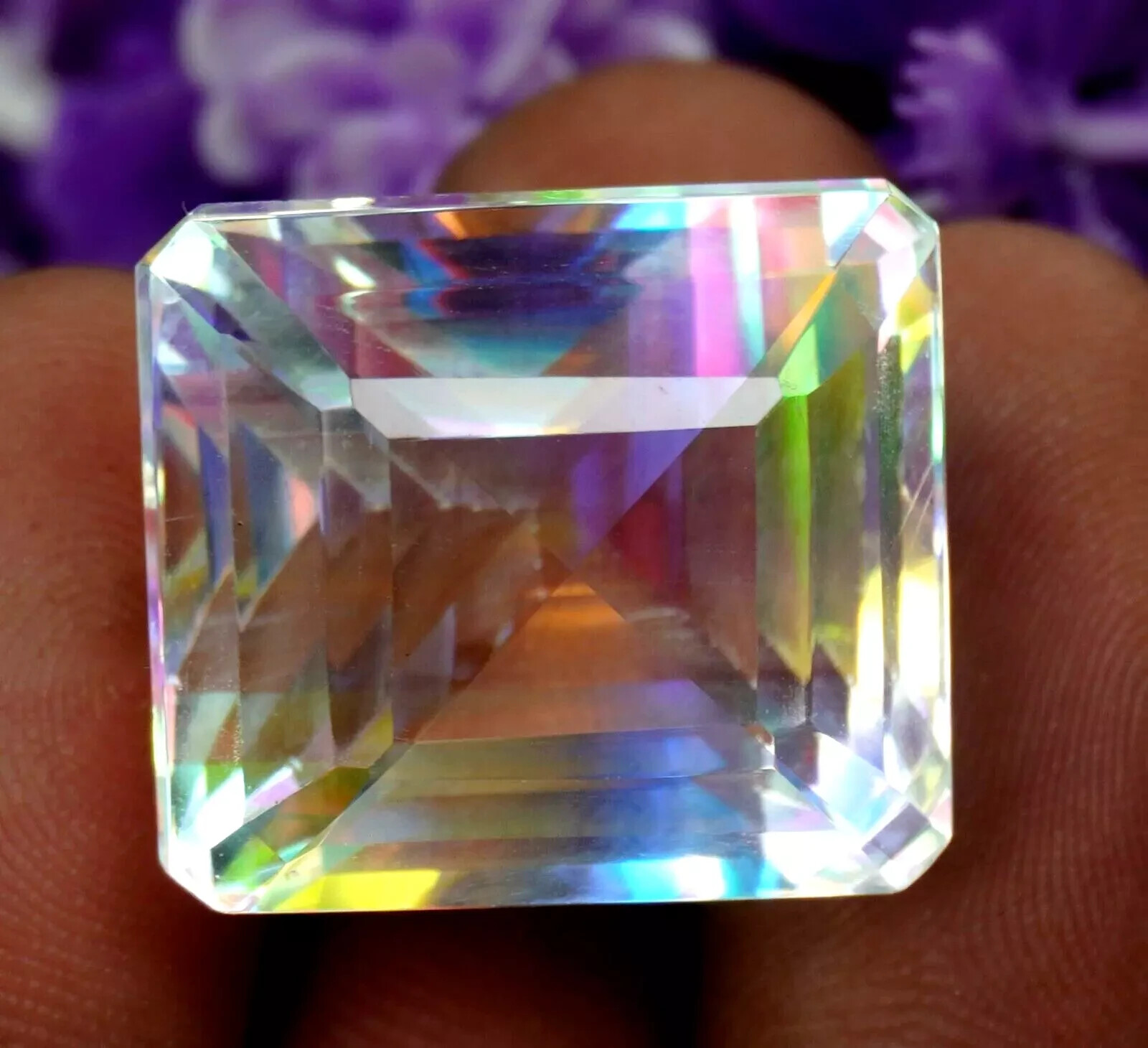 VVS Rainbow Colour Emerald Cut Natural 58-60Ct Mystic Topaz Certified Gemstone