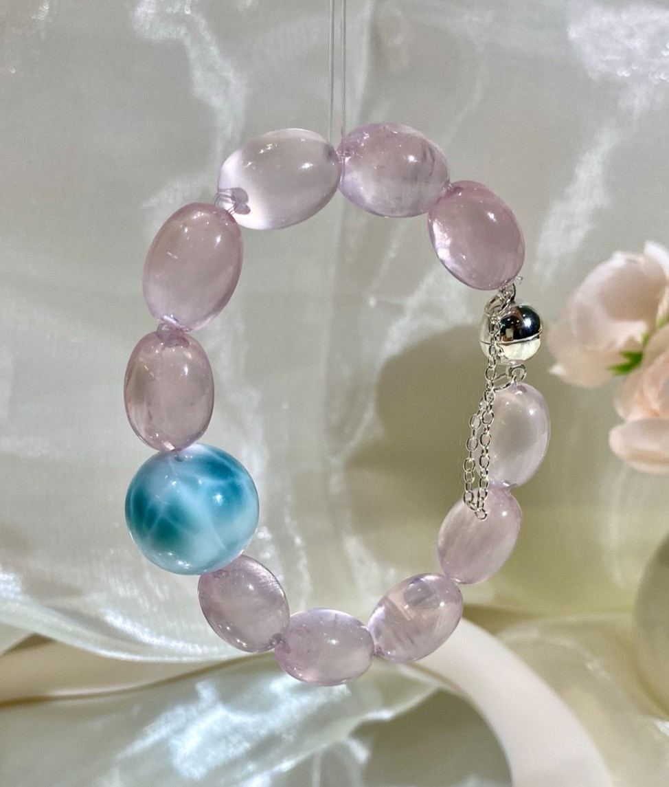 LUSA FEELA Natural Pink Crystal Larimar Beaded Stretch Bracelet Gift Box