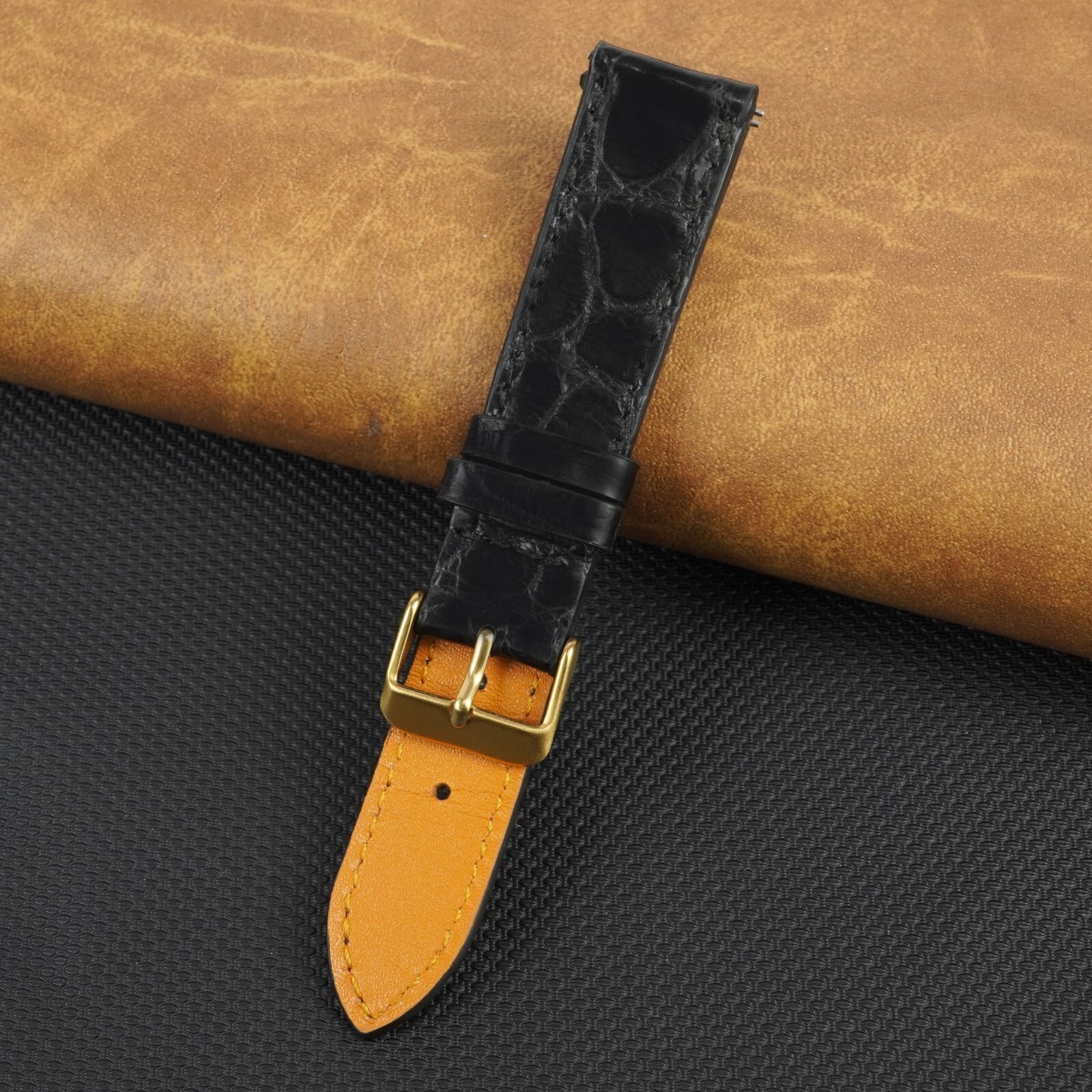 Black Flat Crocodile Leather Watch Band Real Crocodile Watch Strap Gold Buckle