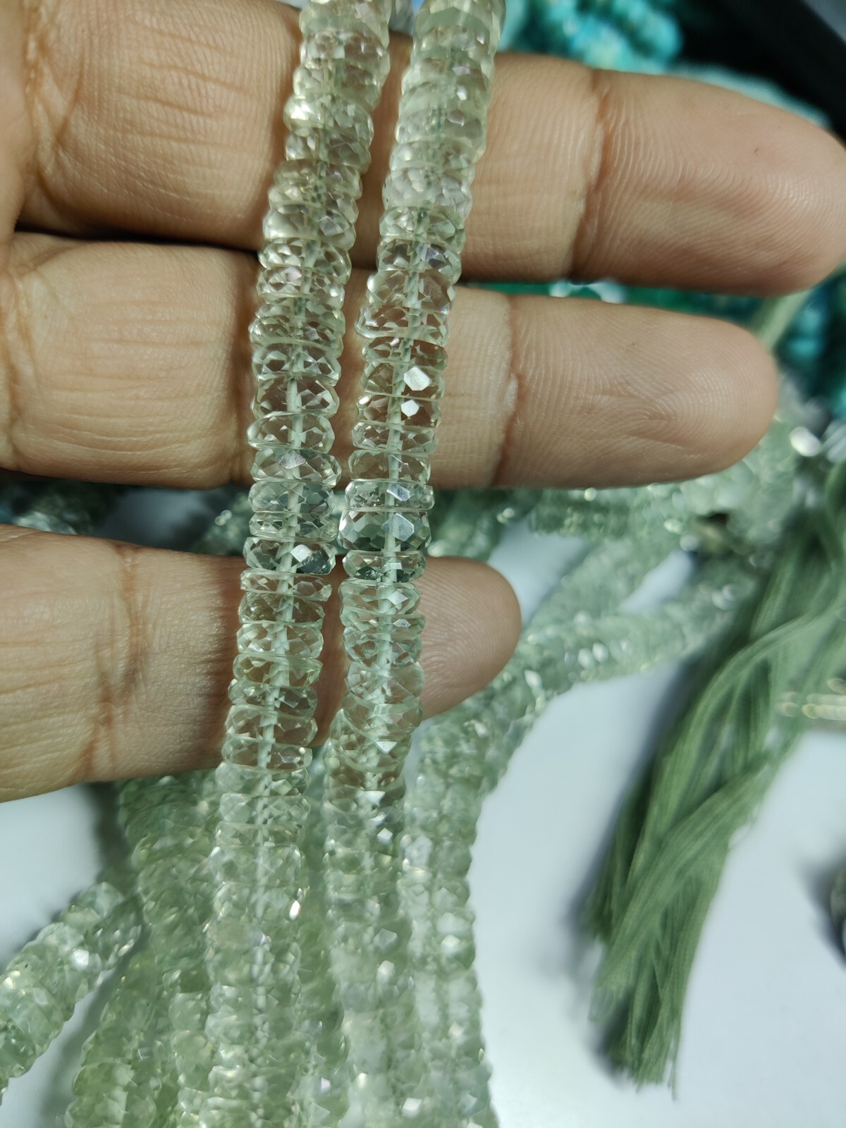 AAA PRASIOLITE GREEN AMETHYST WHEEL TIRE FACETED 6-7 MM BEADS 8″ STRANDS