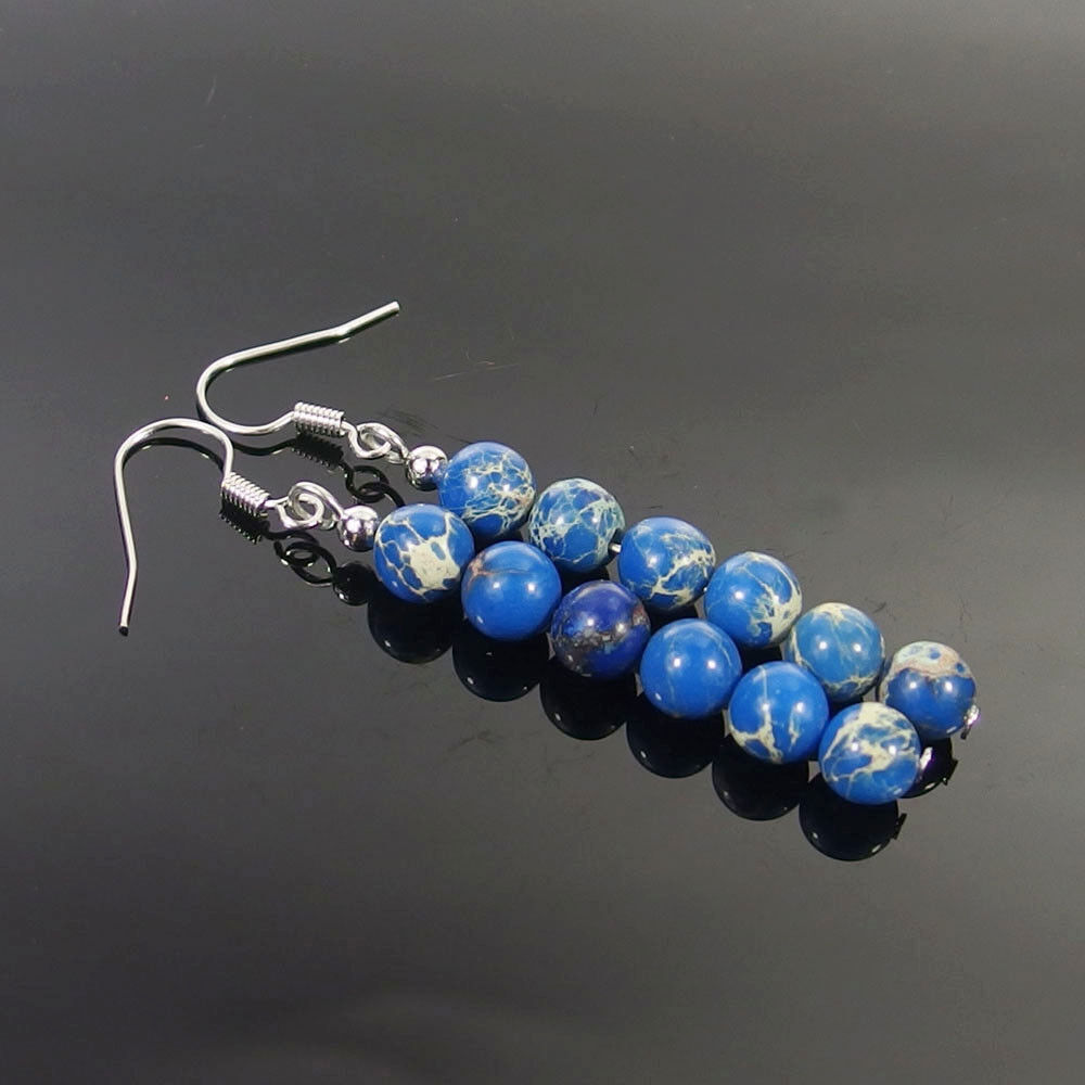 2Pairs 6/8mm Natural Gemstone Smooth Round Beads Silver Hook Dangle Earrings AAA