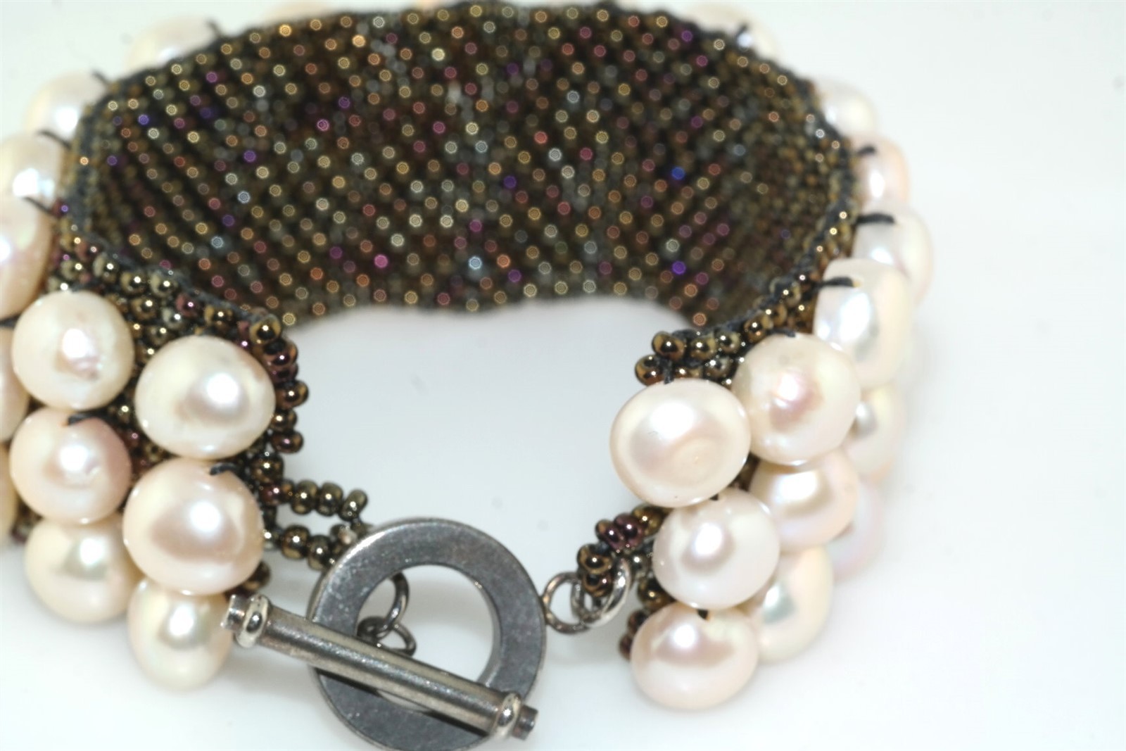 Woven Mesh Micro Bead Cultured Pearl Bracelet Toggle Clasp