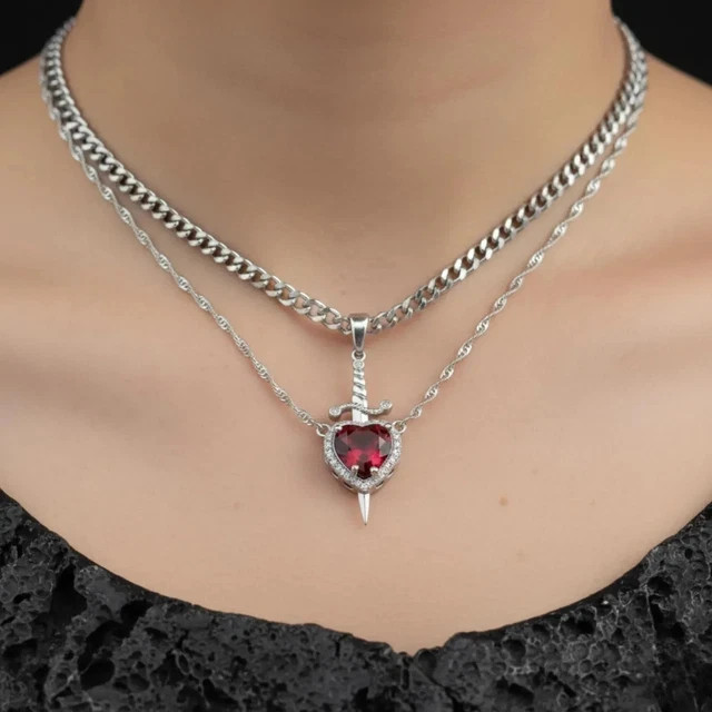 2Ct Heart Lab Created Ruby Valentine Only Dagger Pendant 14K White Gold Plated