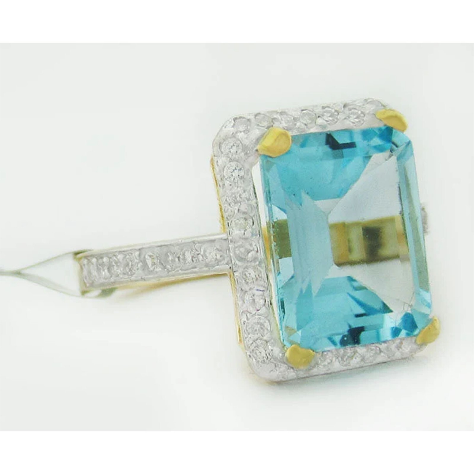 Genuine 3.94 Cts Blue Topaz & Diamonds Ring 10k White Gold