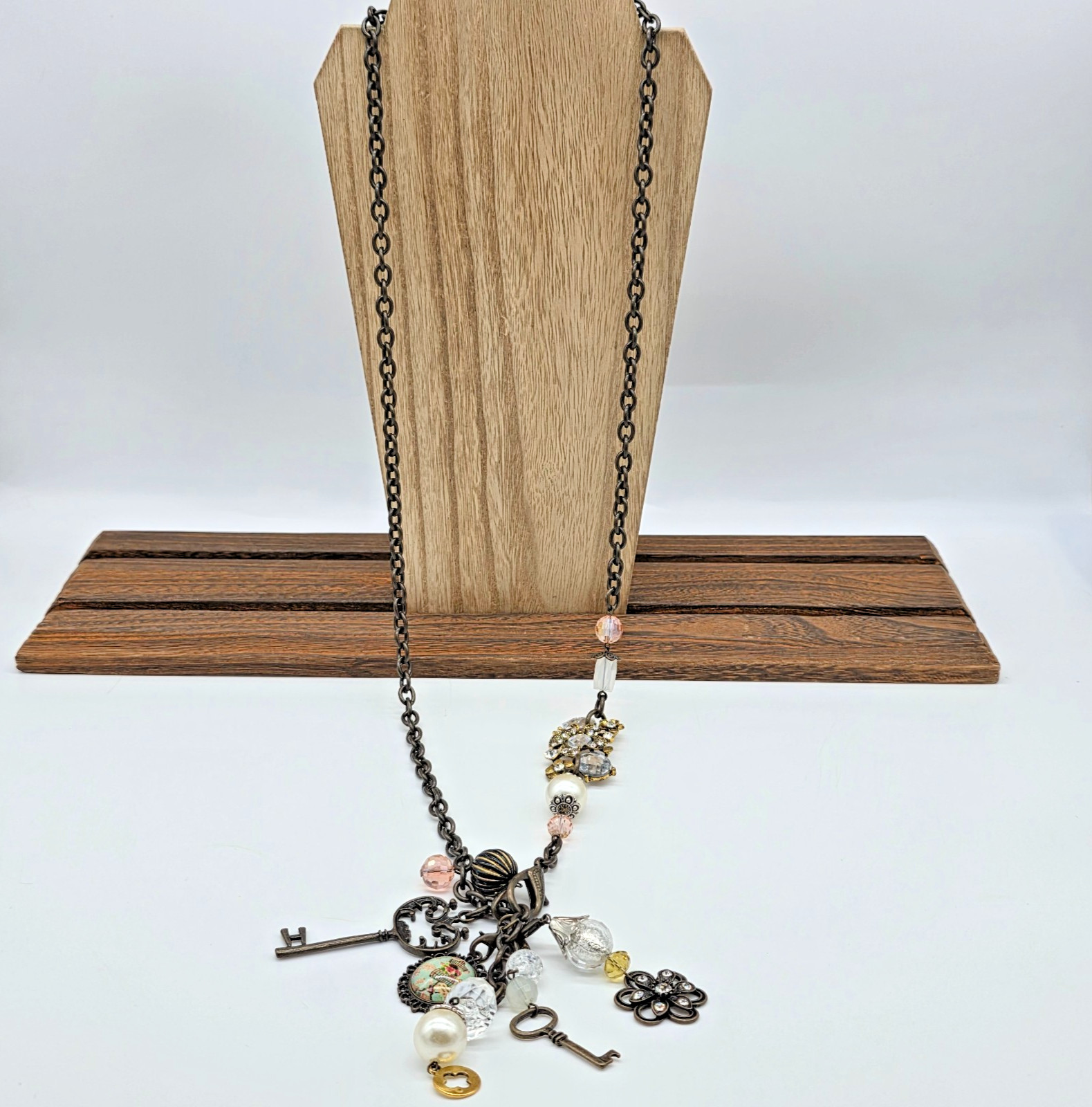 Plunder ADRIENNE Vintage Bronze Pearl Mannequin Key Tassel Charm Necklace 32”