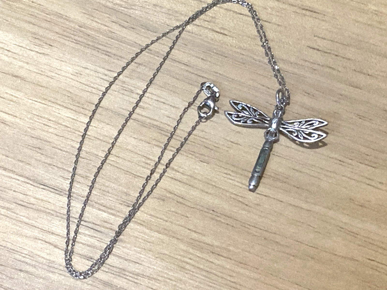 Vintage Peter Stone Pendant Necklace Sterling Silver Dragonfly Abalone Charm 925