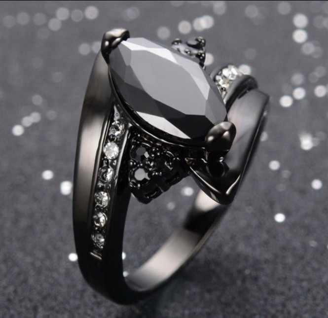 DEAL! Unique 925SS Filled w Black Rhodium Fin Black Sapphire CZ Marquise Ring 10