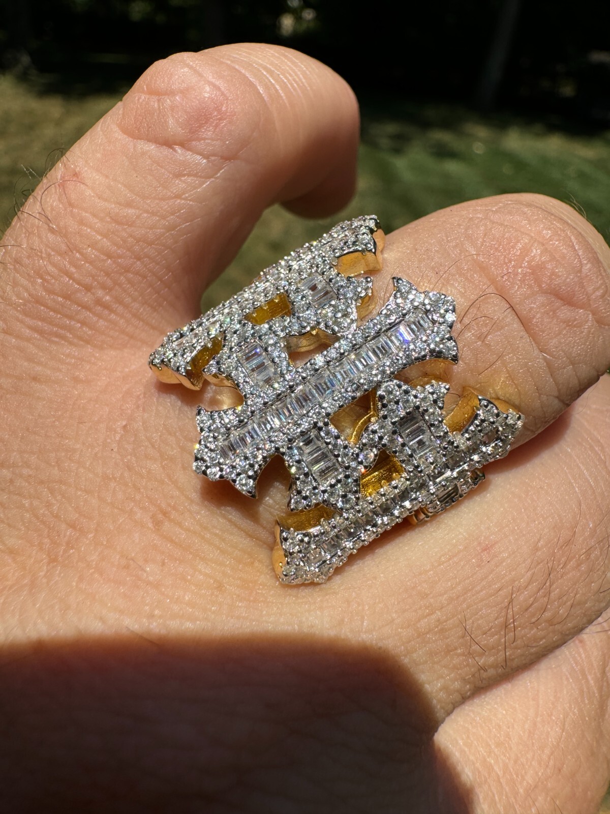 MOISSANITE Iced Real Baguette Gothic Three Cross Ring Solid 14K Gold 925 Silver