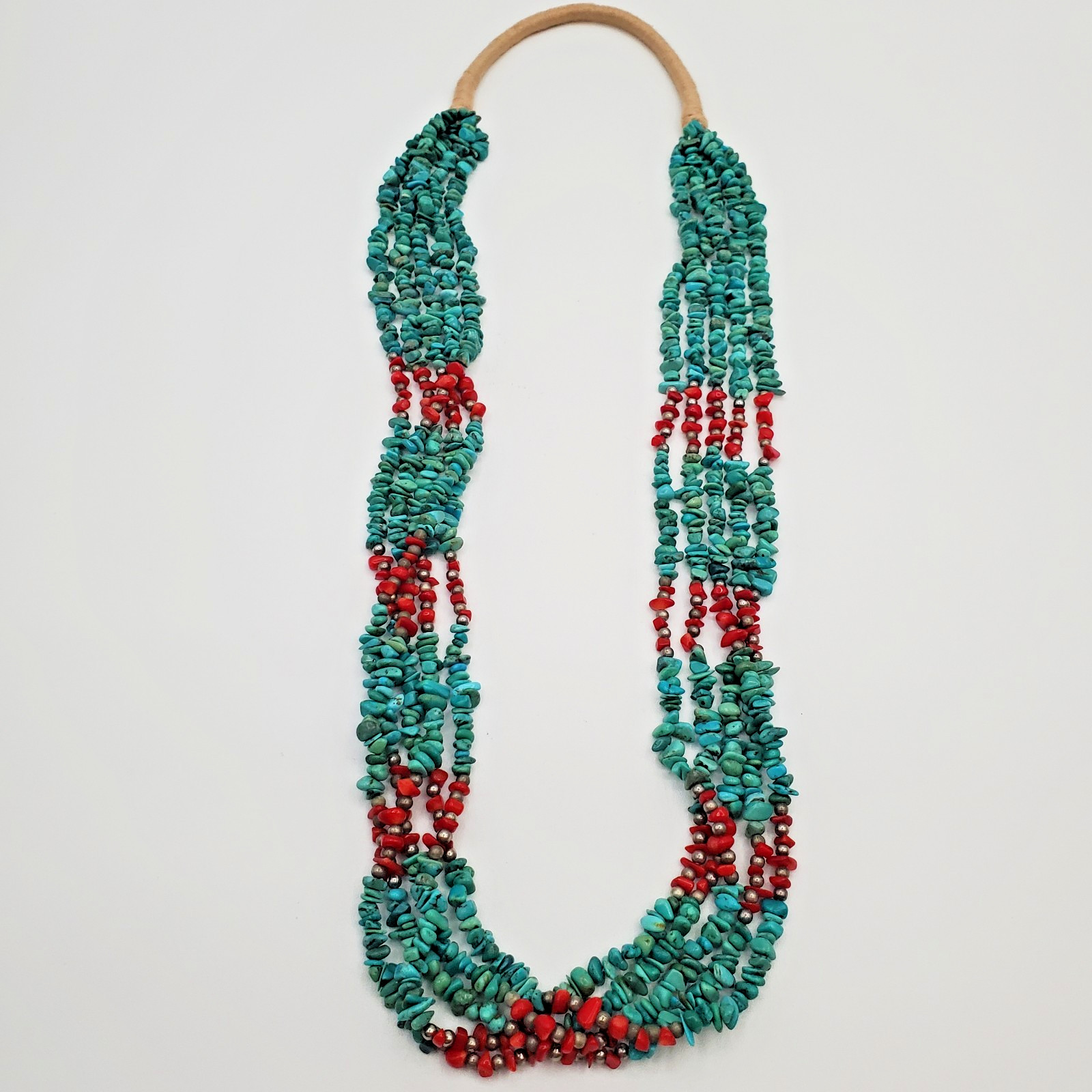 Turquoise Red Coral Necklace 28in Multi Strand Chip Bead Southwest Tribal Wrap