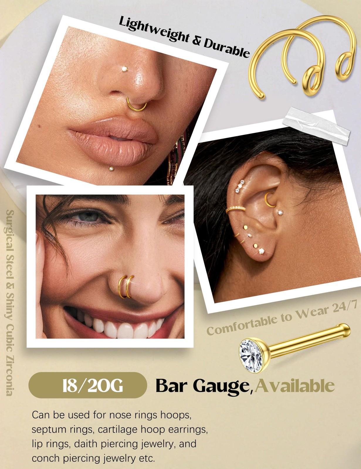 FIBO STEEL 18g Nose Rings Hoops Studs – 18G(1mm), 14K Gold Plated