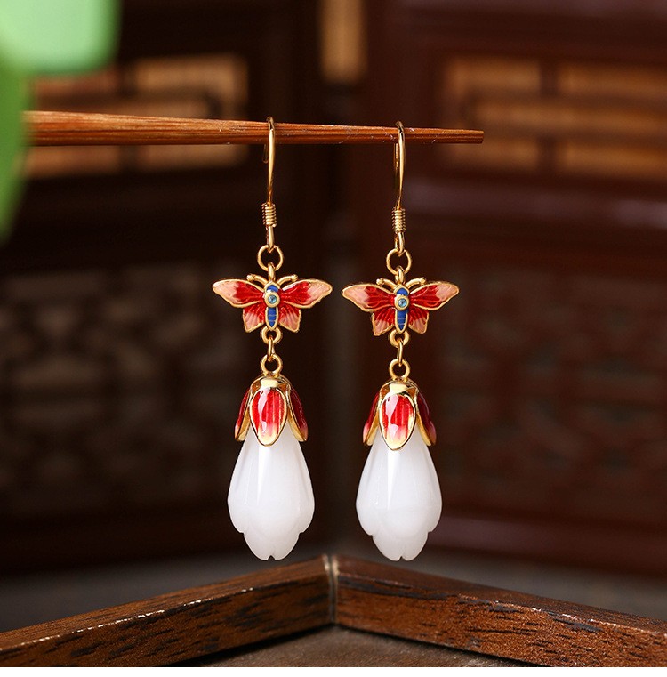 New Chinese Butterfly Enamel Jade Stud Earrings