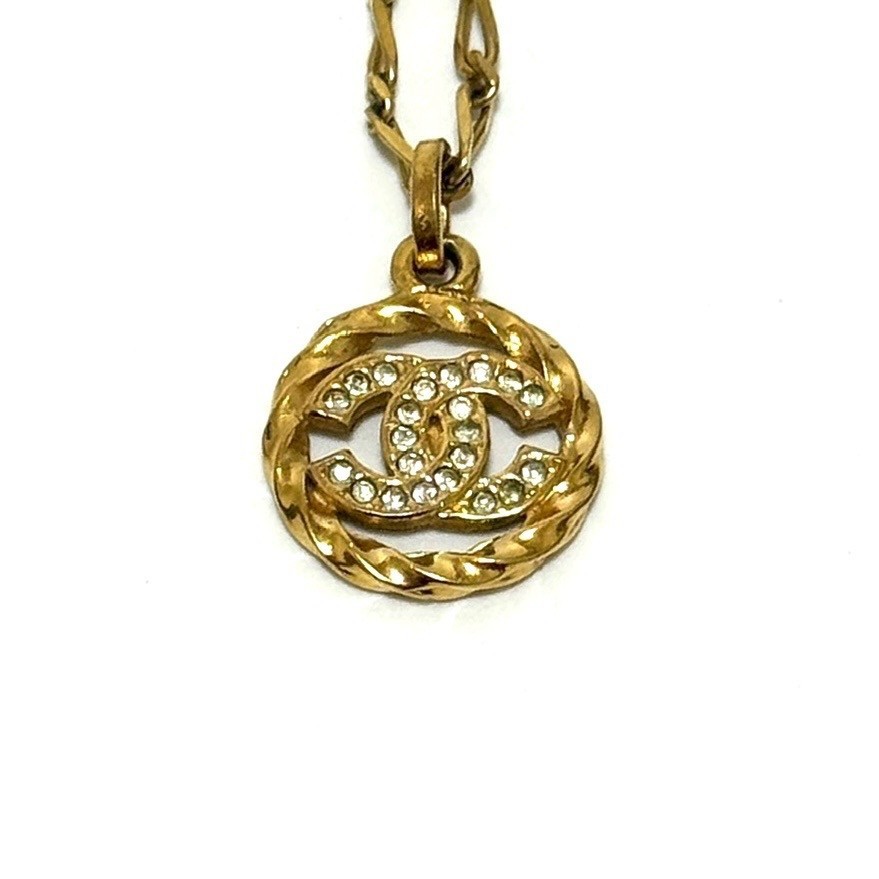 CHANEL 3433 COCO Mark CC Logo Necklace Rhinestone Gold Vintage Authentic JAPAN