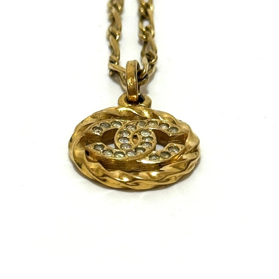 CHANEL 3433 COCO Mark CC Logo Necklace Rhinestone Gold Vintage Authentic JAPAN