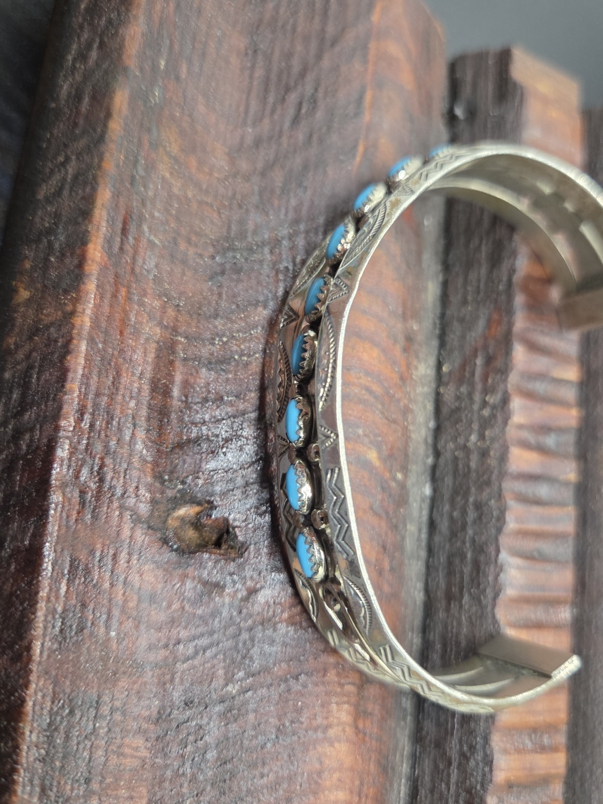 Vtg NICKLE SILVER BELL TRADING POST Southwest Navajo TURQUOISE Cuff Bracelet