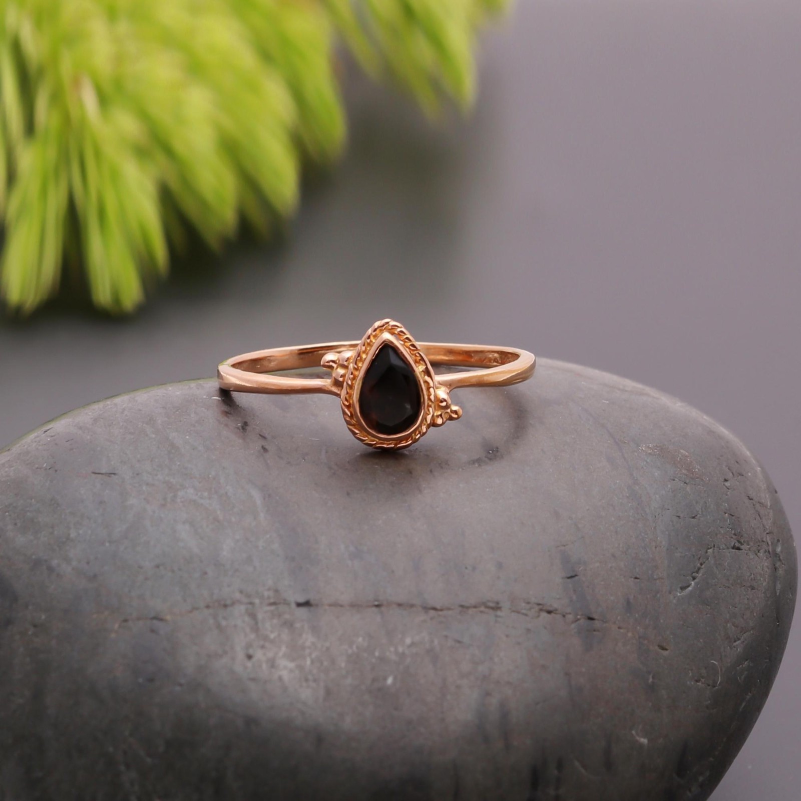 Natural Black Onyx Pear Ring Rose Gold Fill 925 Sterling Silver Unique Jewelry