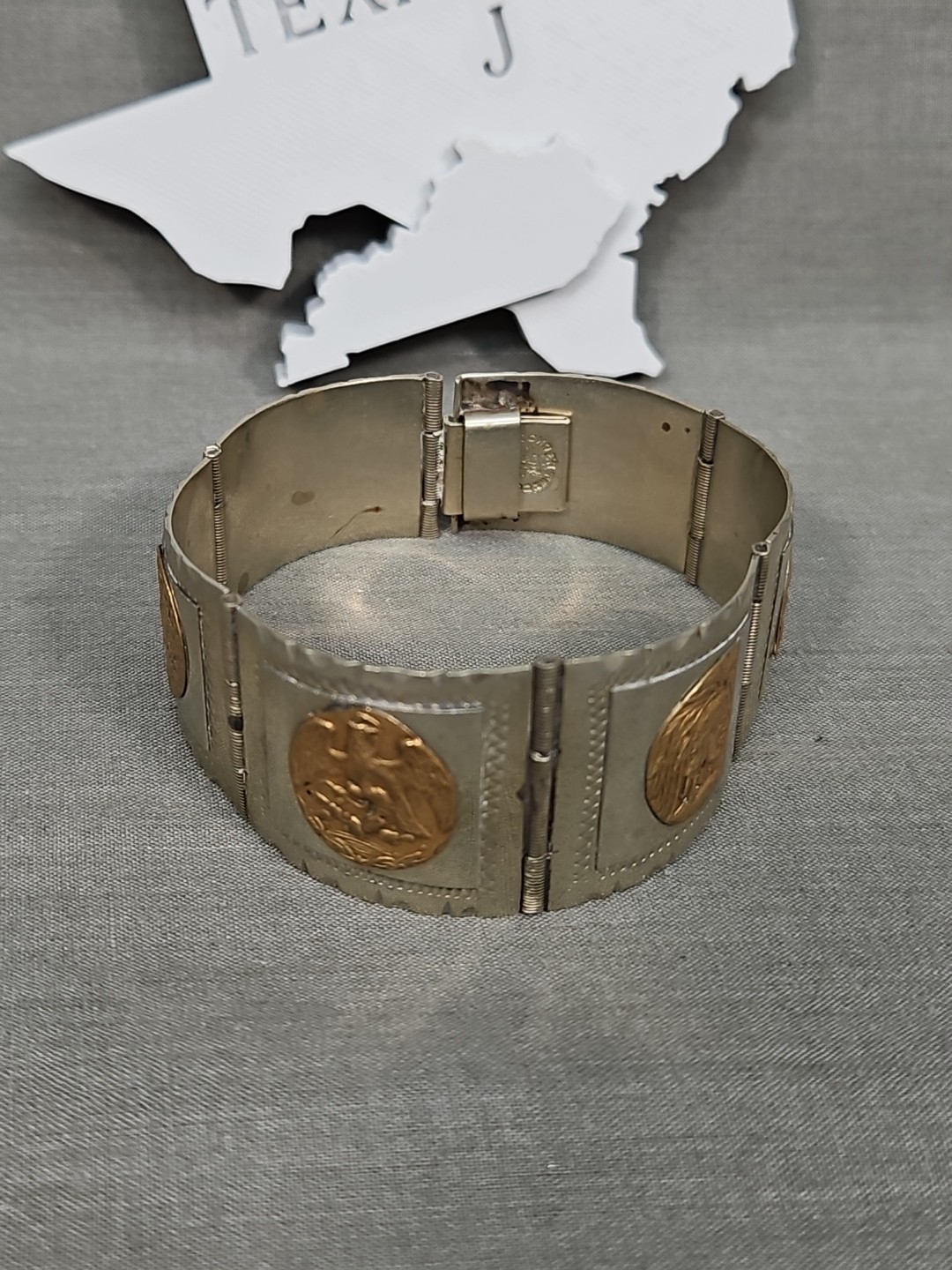 Vintage Alpaca Silver Mexico Two-Tone Mayan Sun Eagle Warrior 6¾” Panel Bracelet