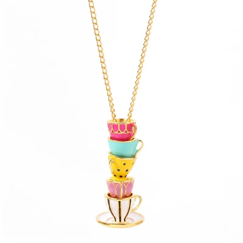 Tea Cup Necklace Gold Chain Enamel WHIMSICAL Stacked Teacups Blue Jewelry