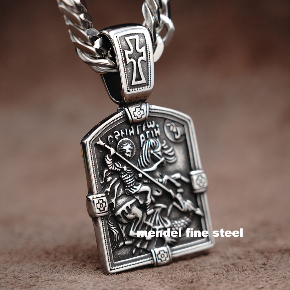 MENDEL Huge Big Hip Hop Cuban Link St George Dragon Cross Pendant Necklace Chain