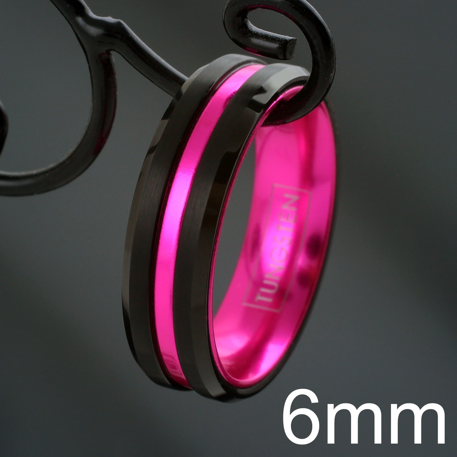 Engraved 6/8mm Black Tungsten Thin Pink Line Wedding Band Ring Breast Cancer TW