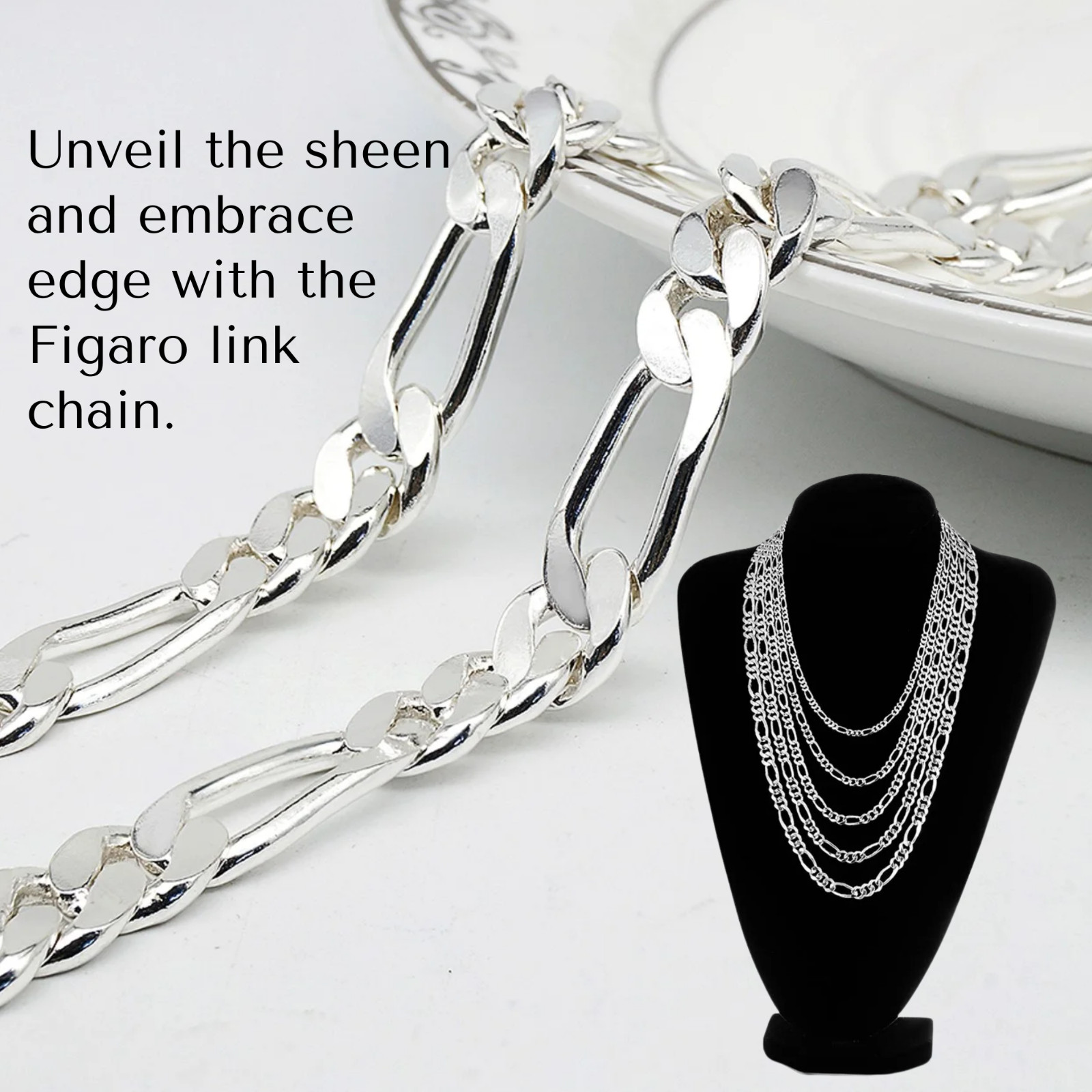 Real Sterling Silver UNISEX Figaro Solid Chain Bracelet or Necklace 925 Italy
