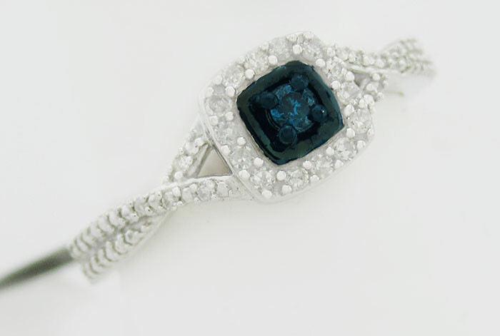 GENUINE 0.38 Cts BLUE & WHITE DIAMONDS ENGAGEMENT RING .925 Silver *NEW WITH TAG