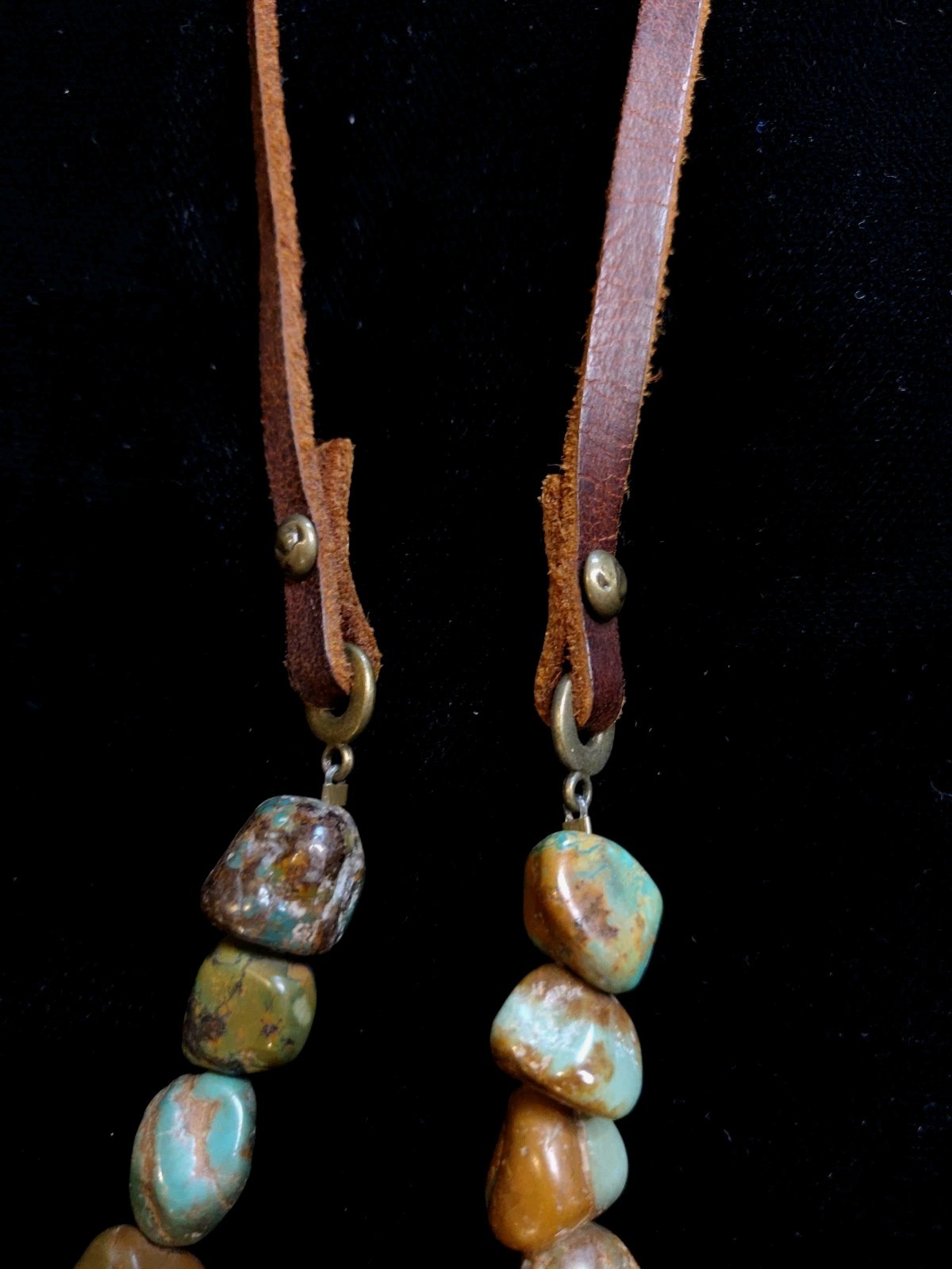 Stone Nugget Necklace Blue Green Brown Matrix Leather Tassel Rustic Boho Long