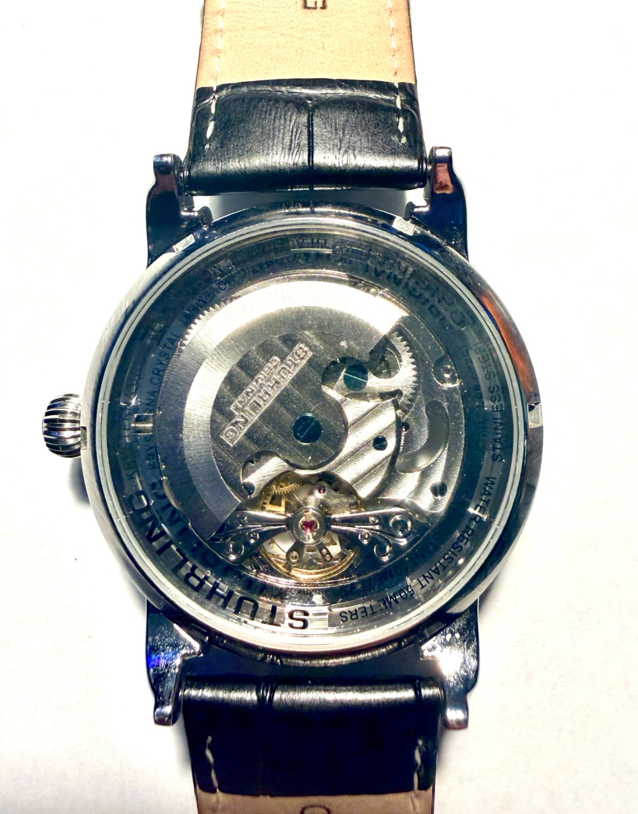 Stuhrling Original 42mm Silver Stainless Steel Case with Black Leather Band…
