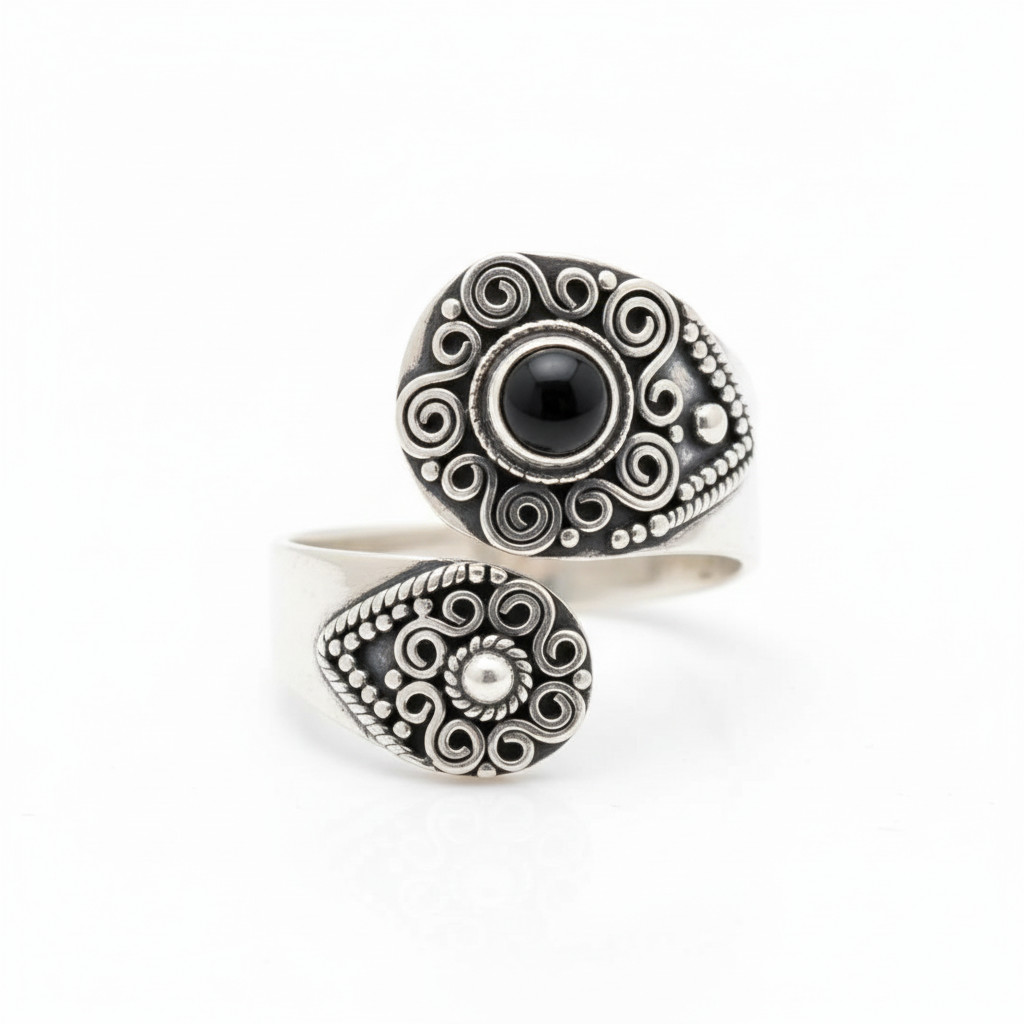Dark Beauty Black Onyx Wrap Ring 925 Oxidized Silver Adjustable Sizes 6-10