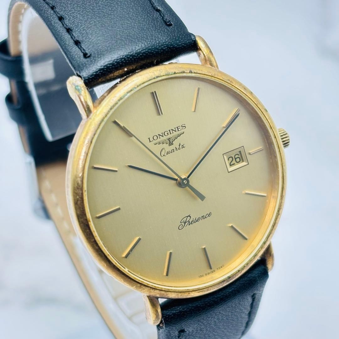Longines Presence 7240 Vintage Men Watch Quartz Gold Dial 34mm New Battery Japan