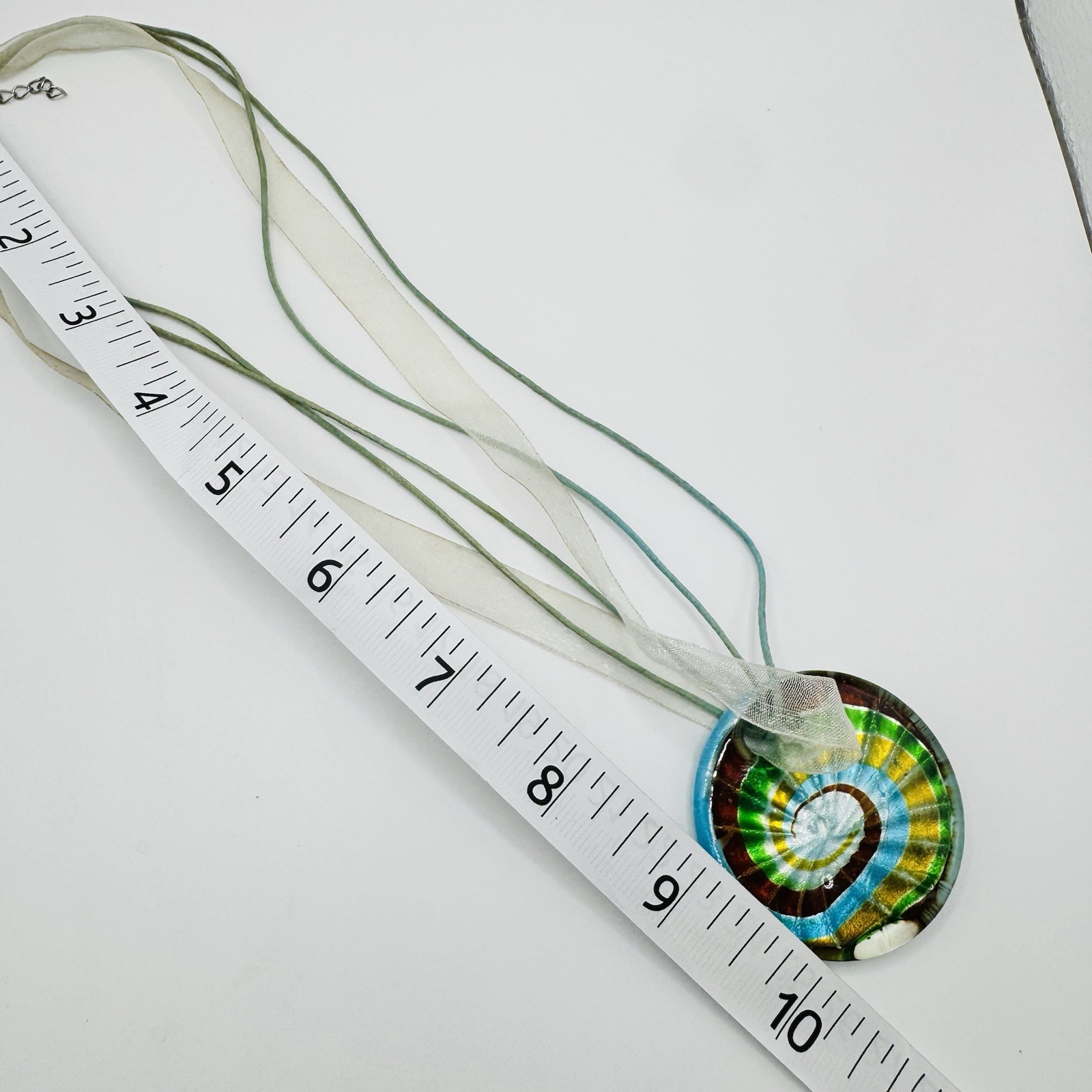 Artisan Glass Pendant Necklace Multicolor Spiral Round Disk Ribbon Cord Boho