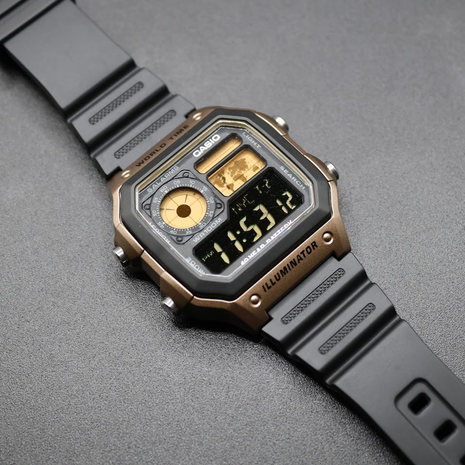 CASIO AE-1200WHD. Royale World Time Watch Mod. Gold Filter. Negative Display